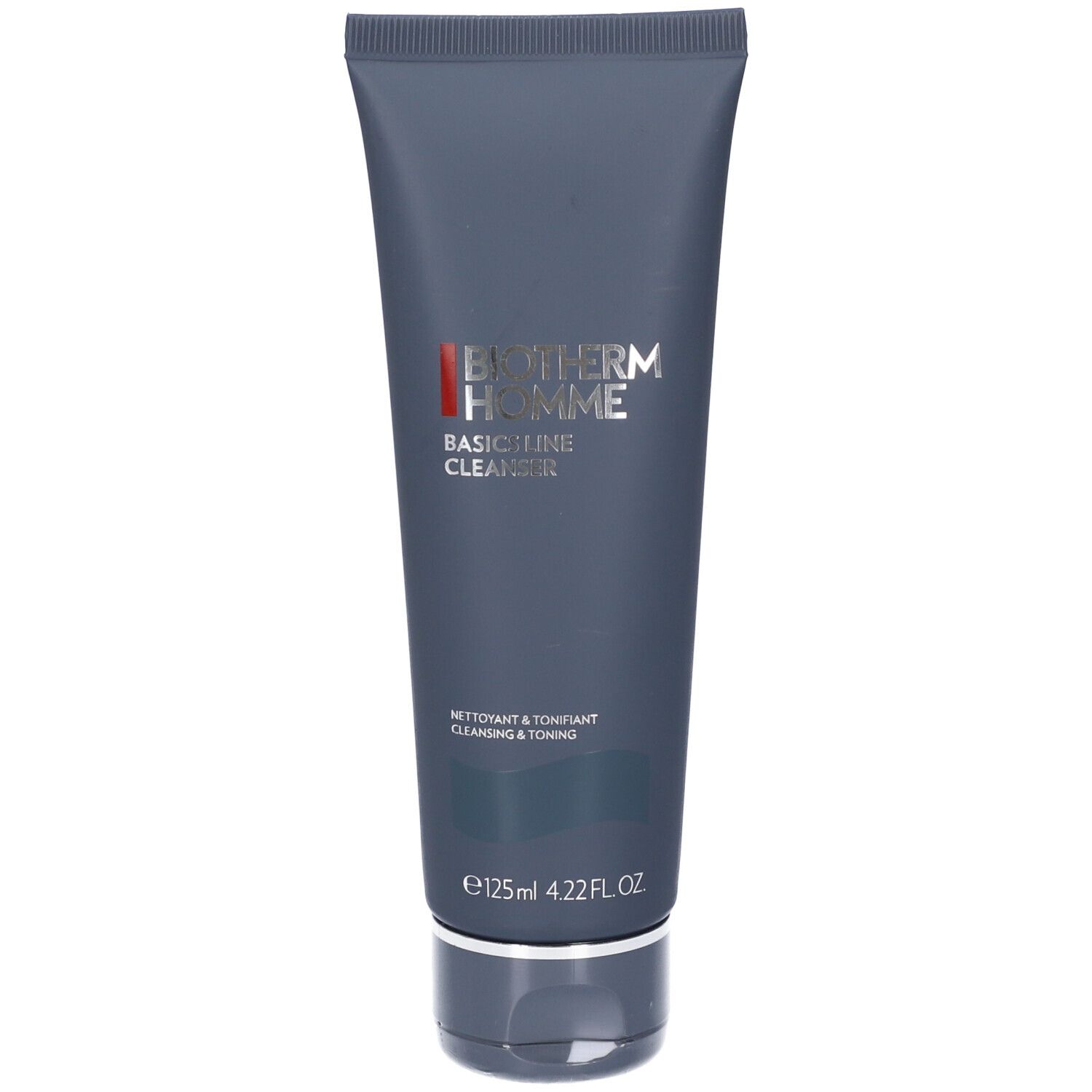 Tubo grigio scuro con stampa argentata. BIOTHERM Homme, Basic Line Cleanser. 125ml.