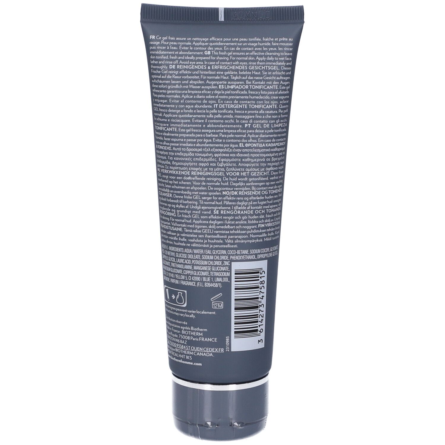Retro del tubo con testo multilingue. Codice a barre e informazioni del produttore.