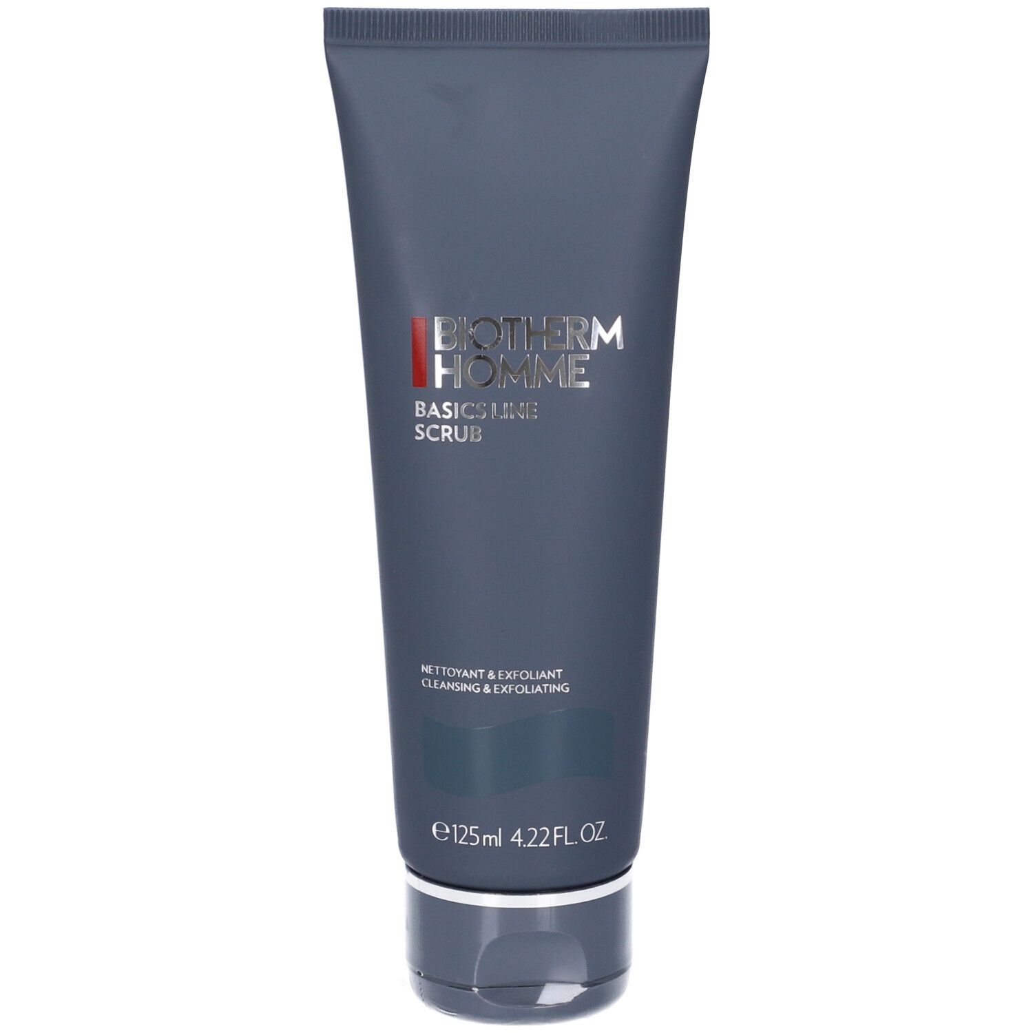Tubo grigio scuro con logo BIOTHERM Homme Basics Line Scrub. Testo: Detergente & Esfoliante. Sotto: 125ml 4.22 FL OZ.