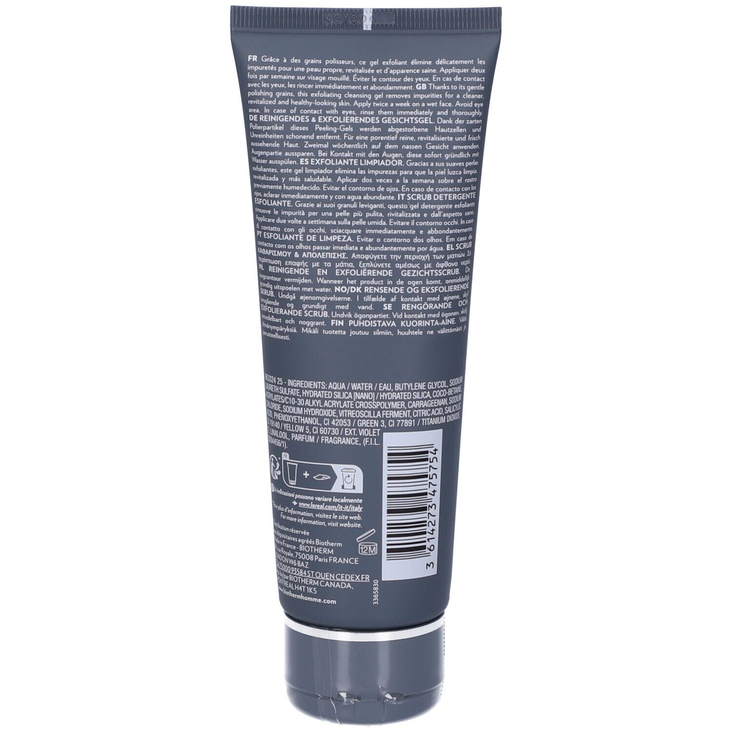 Retro del tubo. Testo multilingue. Ingredienti e informazioni del produttore. Tappo grigio.