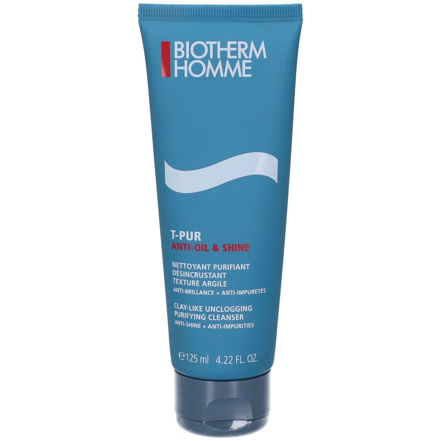 Tubo blu con testo. Scritta "T-PUR Anti-Oil & Shine" e logo "BIOTHERM Homme".