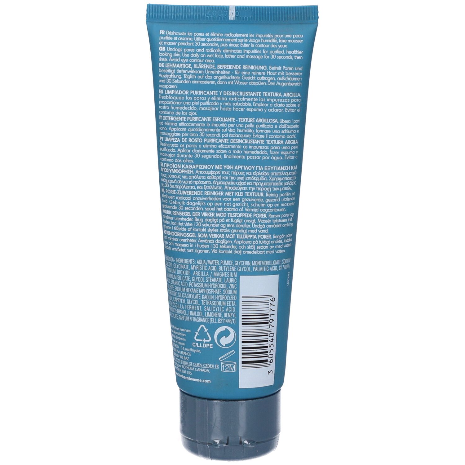 Retro del tubo blu. Testo multilingue, codice a barre e simboli di riciclaggio.