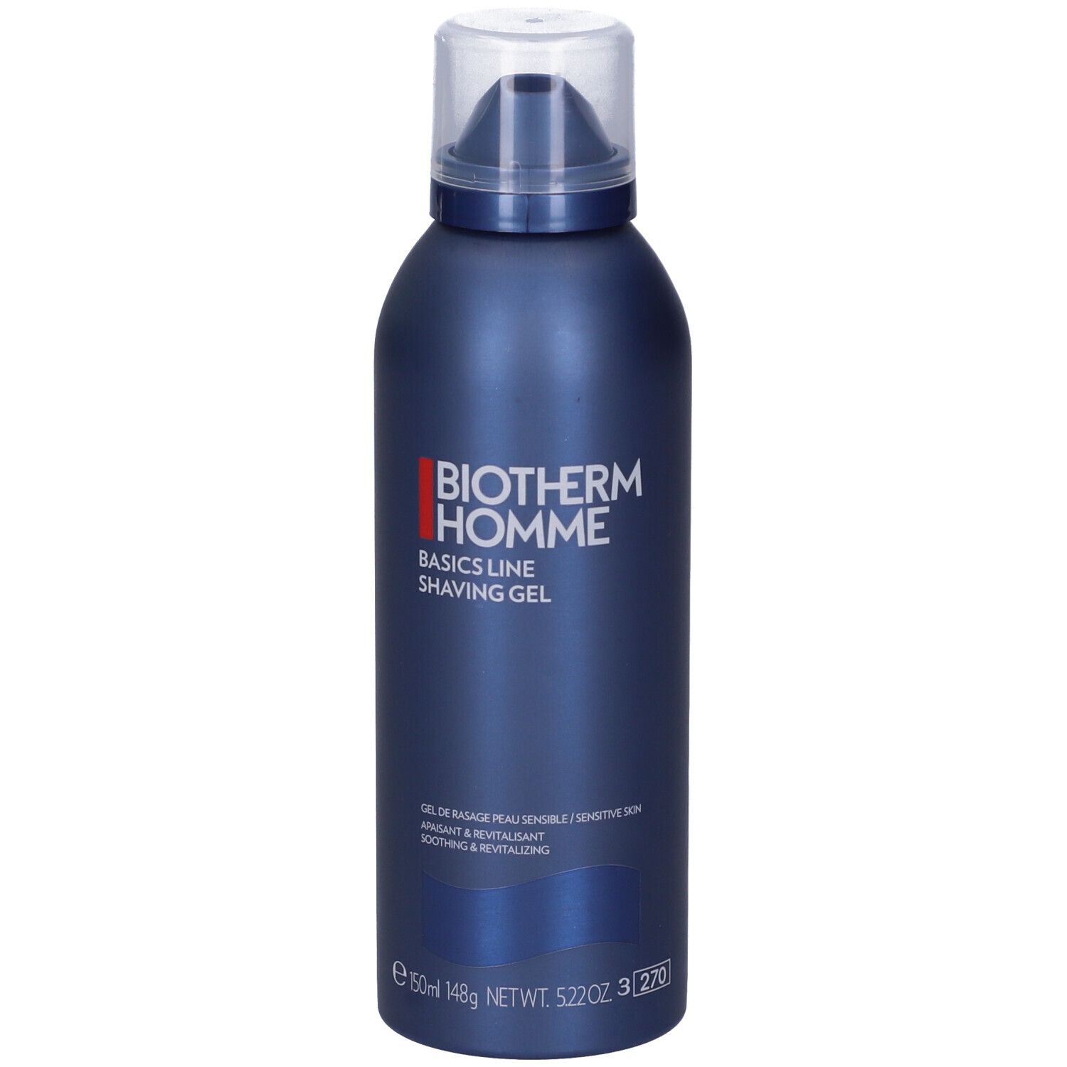 Flacone blu BIOTHERM Homme. Gel da barba Basics Line. Tappo trasparente. Scritte bianche e rosse.