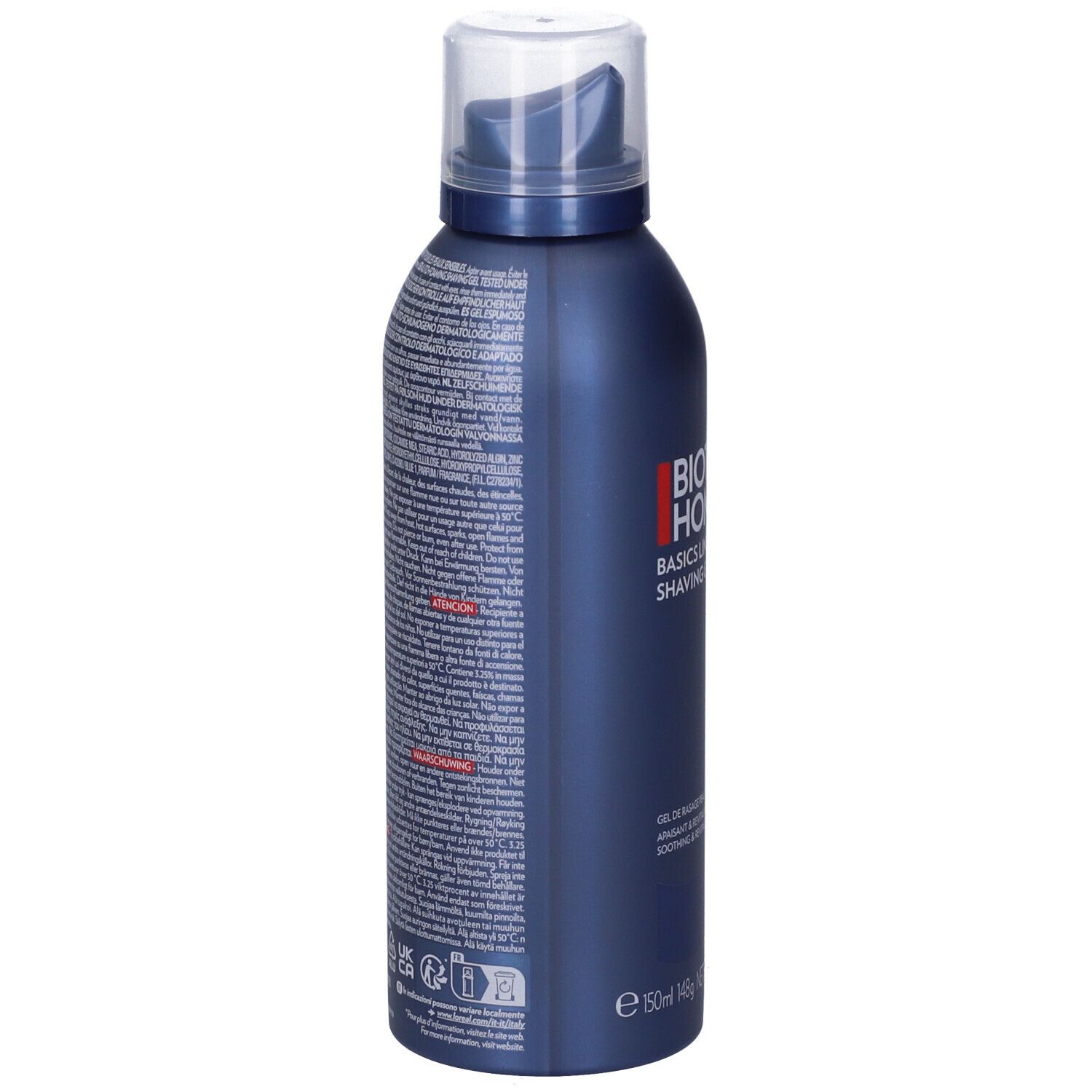 Flacone blu BIOTHERM Homme. Retro con testo. Tappo trasparente. Scritte nere.