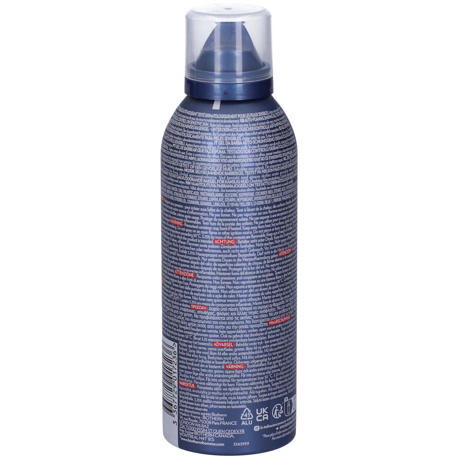 Flacone blu BIOTHERM Homme. Retro con testo. Tappo trasparente. Scritte nere.