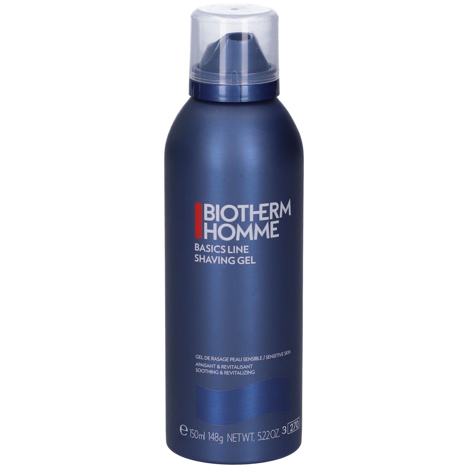 Flacone blu BIOTHERM Homme. Gel da barba Basics Line. Tappo trasparente. Scritte bianche e rosse.
