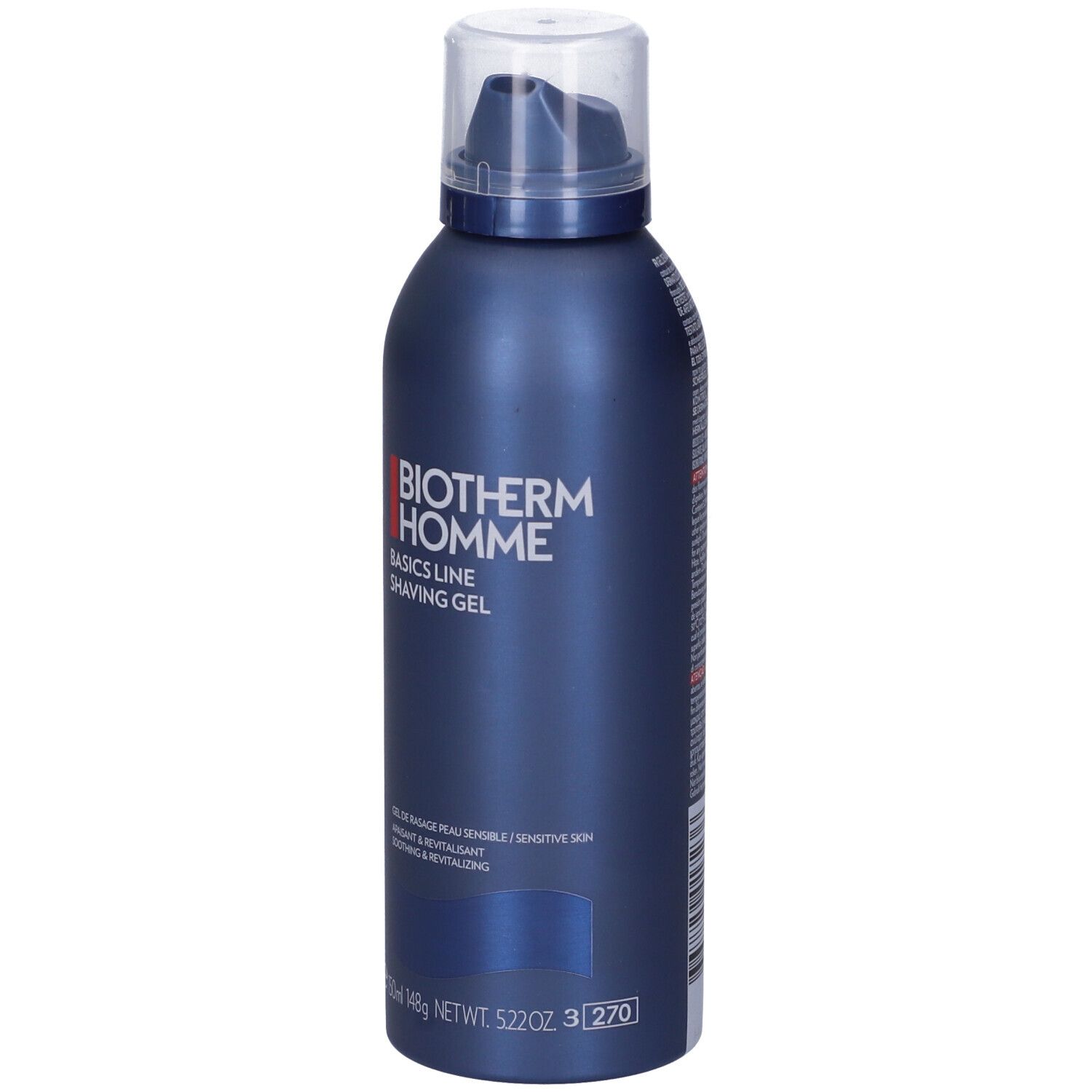 Flacone blu BIOTHERM Homme. Gel da barba Basics Line. Tappo trasparente. Scritte bianche e rosse.