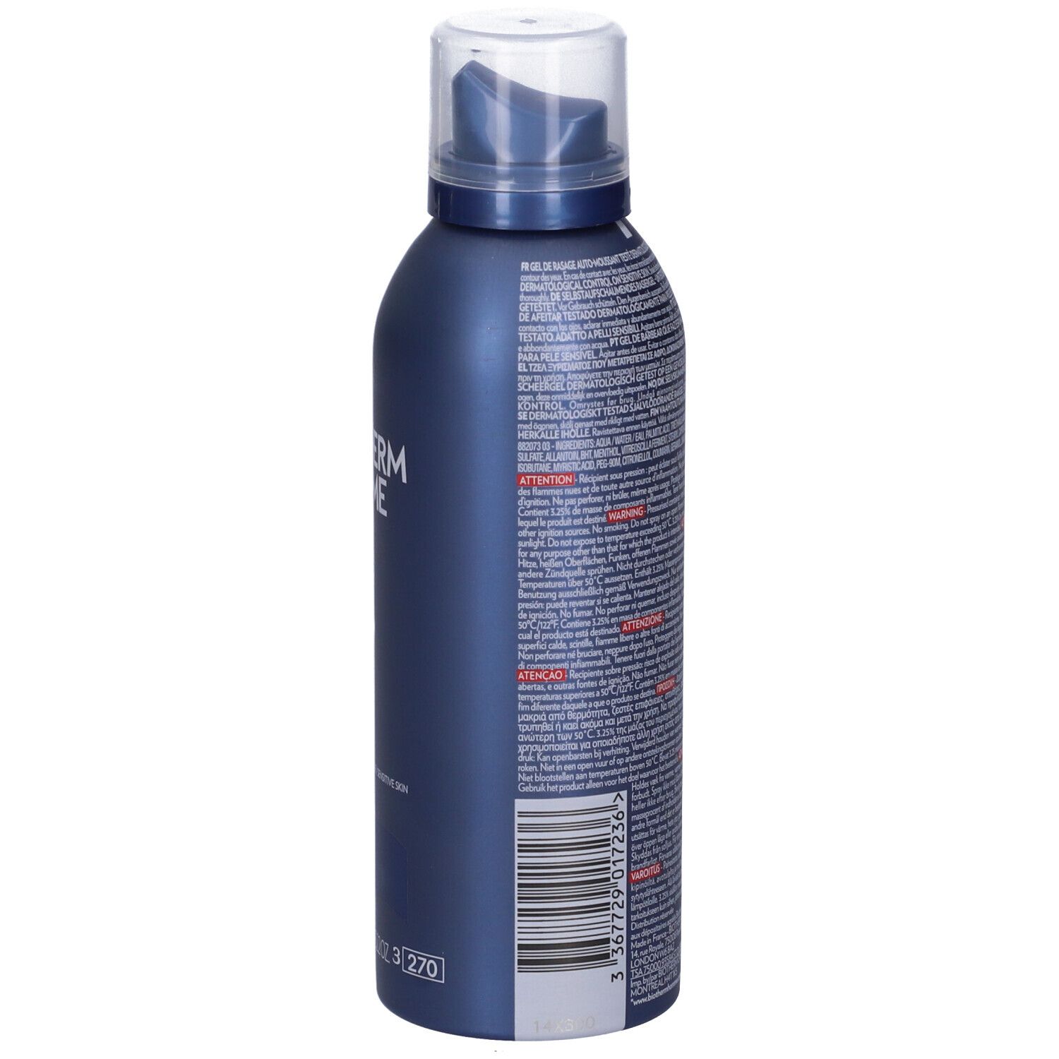 Flacone blu BIOTHERM Homme. Retro con testo. Tappo trasparente. Scritte nere.