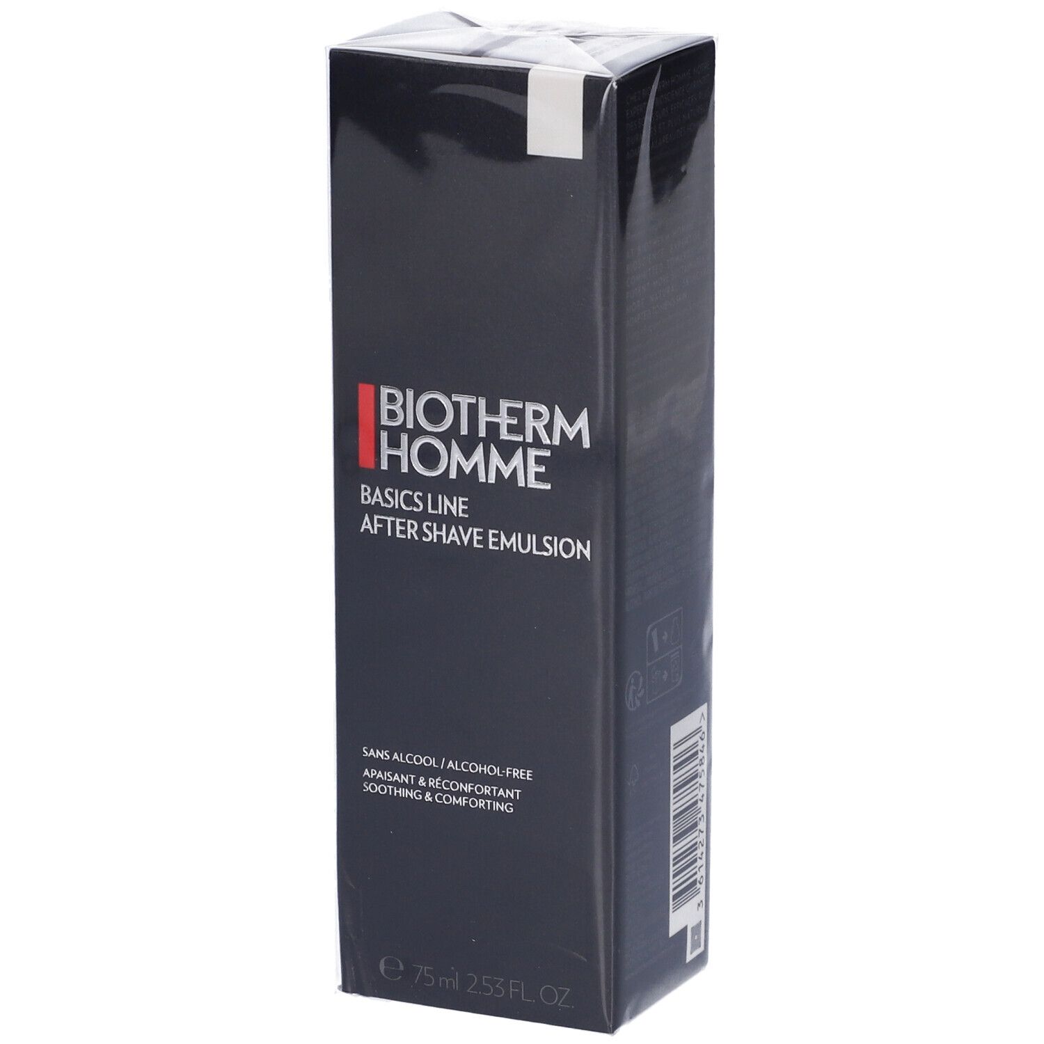 Confezione nera con BIOTHERM HOMME Basics Line After Shave Emulsion. Testo: Sans alcool, apaisant & réconfortant. 75ml.