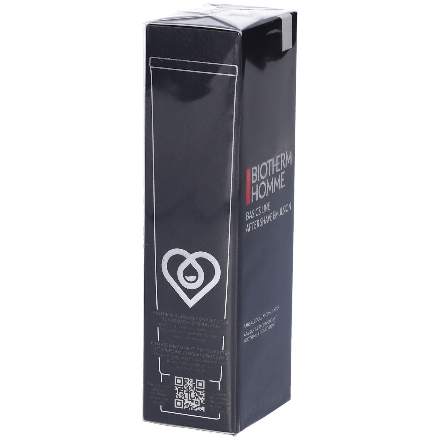 Confezione nera BIOTHERM HOMME Basics Line After Shave Emulsion. Logo cuore. QR code. Testo: Sans alcool, apaisant & réconfortant.