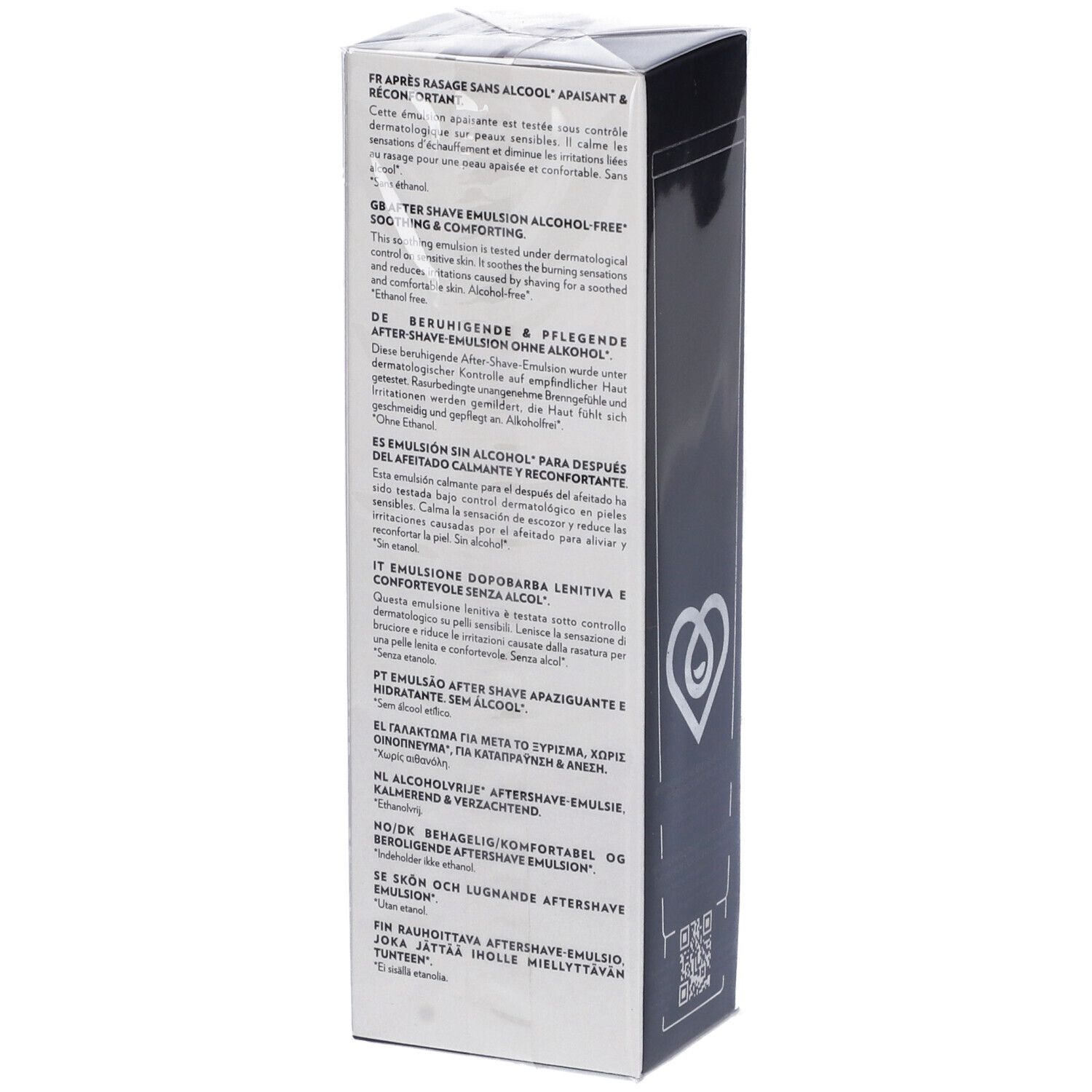 Retro confezione nera. Testo multilingue: After Shave Emulsion, senza alcool, lenitivo, curativo. Logo cuore.