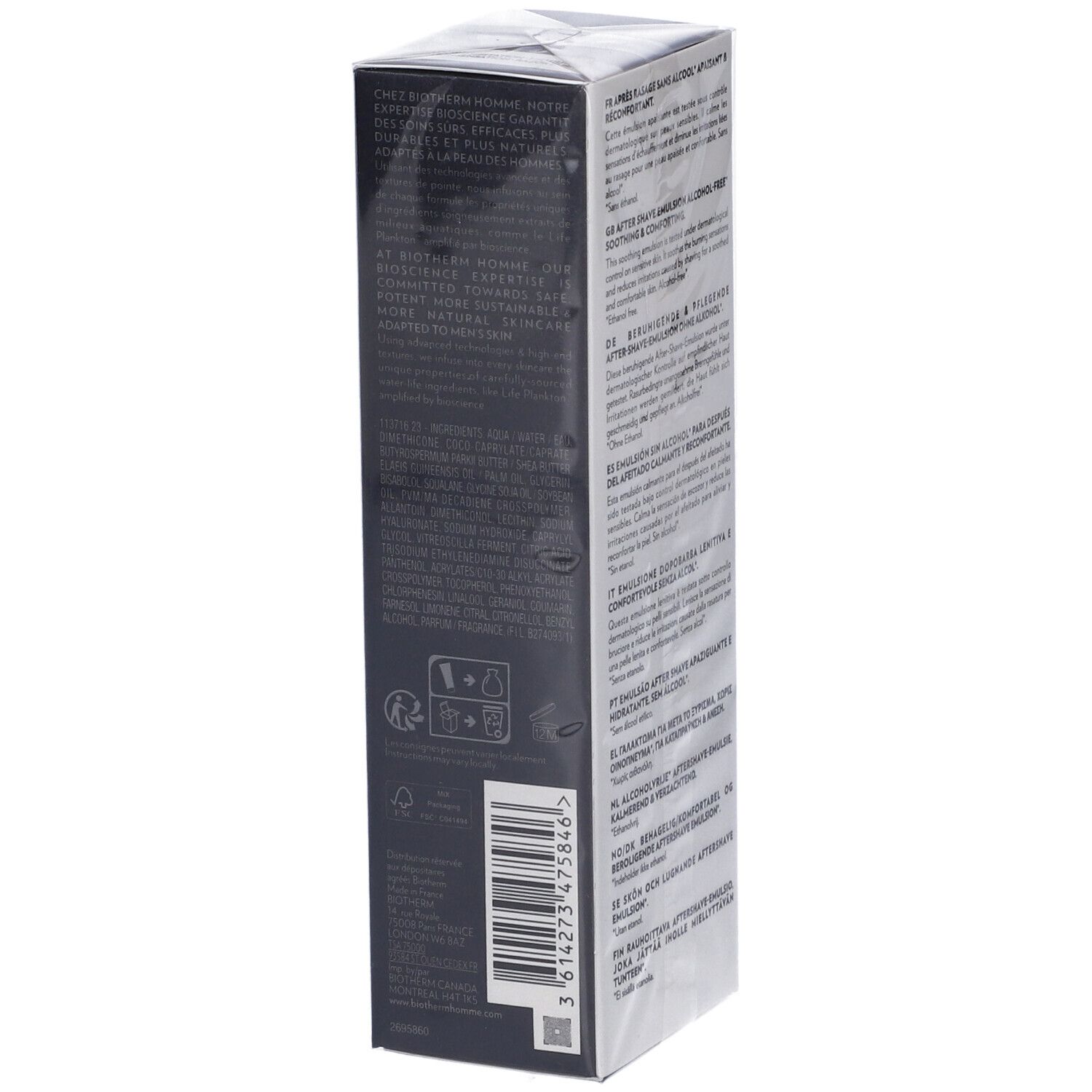 Vista laterale della confezione nera. Testo: BIOTHERM HOMME, After Shave Emulsion. Codice a barre. Eco-etichette.