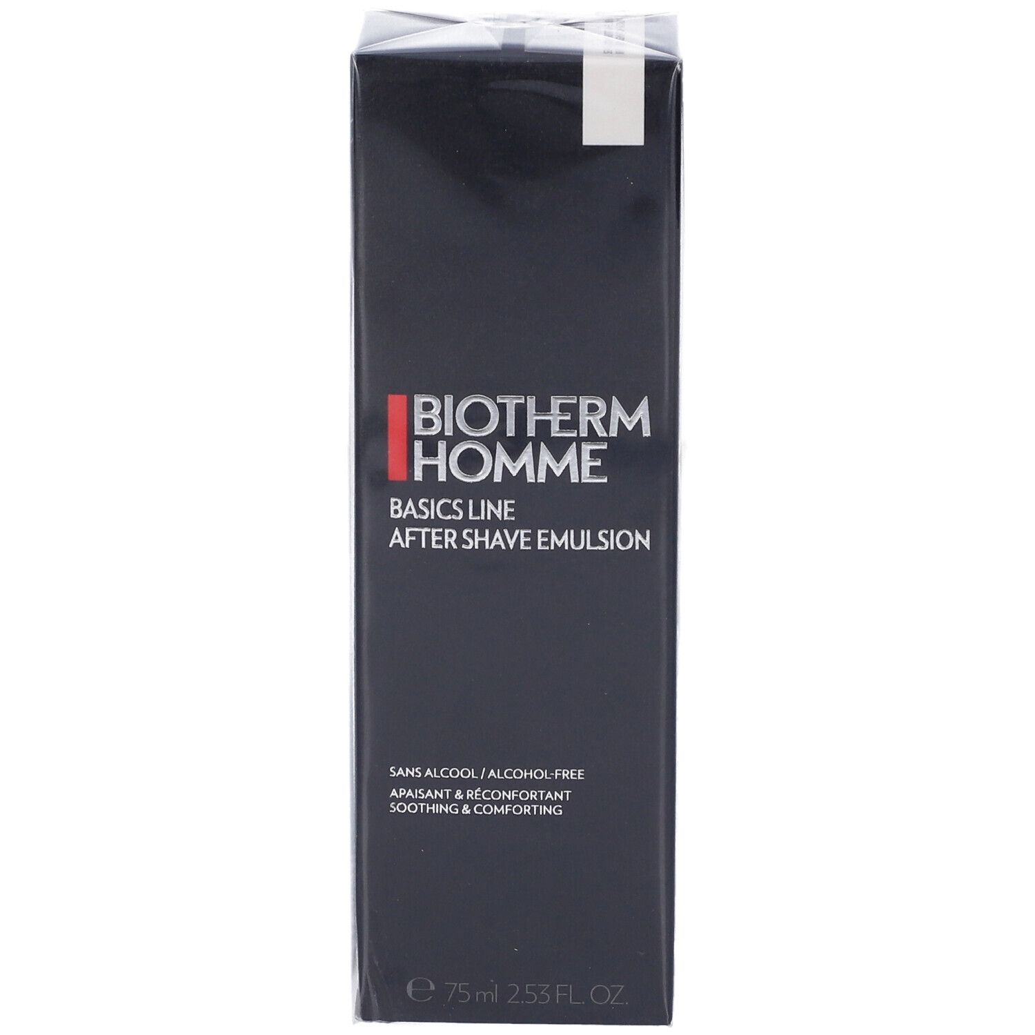 Confezione nera con BIOTHERM HOMME Basics Line After Shave Emulsion. Testo: Sans alcool, apaisant & réconfortant. 75ml.