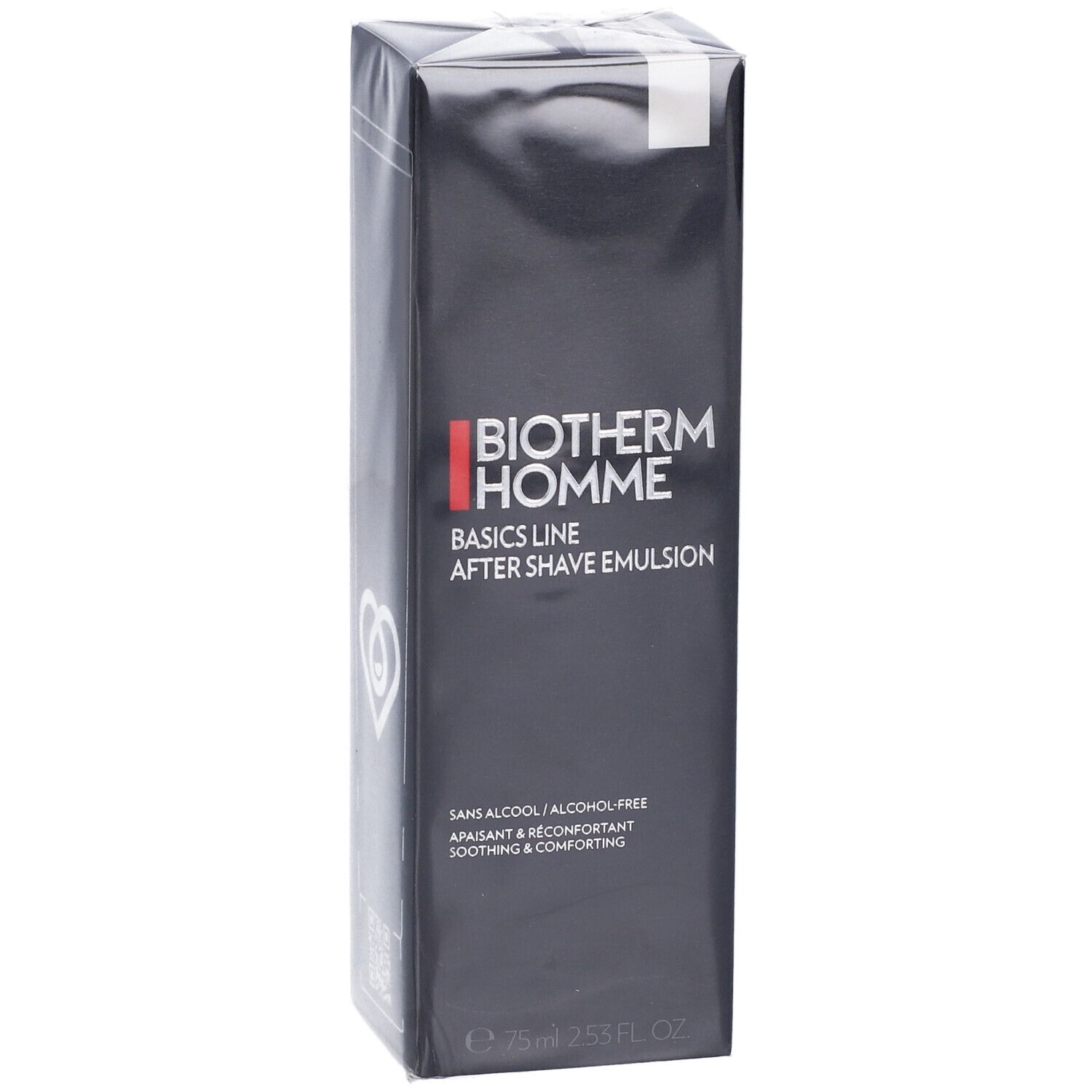 Confezione nera con BIOTHERM HOMME Basics Line After Shave Emulsion. Testo: Sans alcool, apaisant & réconfortant. 75ml.