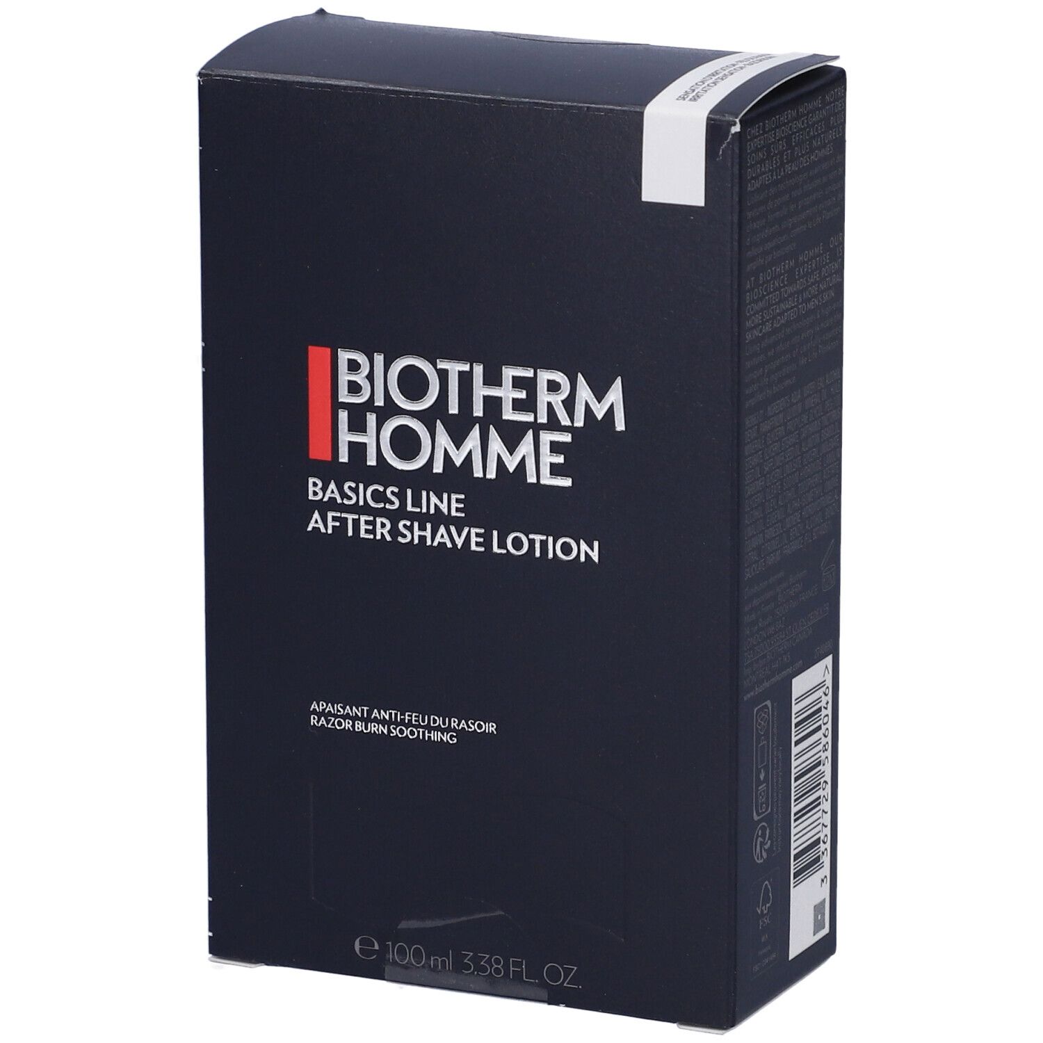 Scatola blu scuro. BIOTHERM HOMME, Basics Line After Shave Lotion. Testo: Apaisant anti-feu du rasoir.