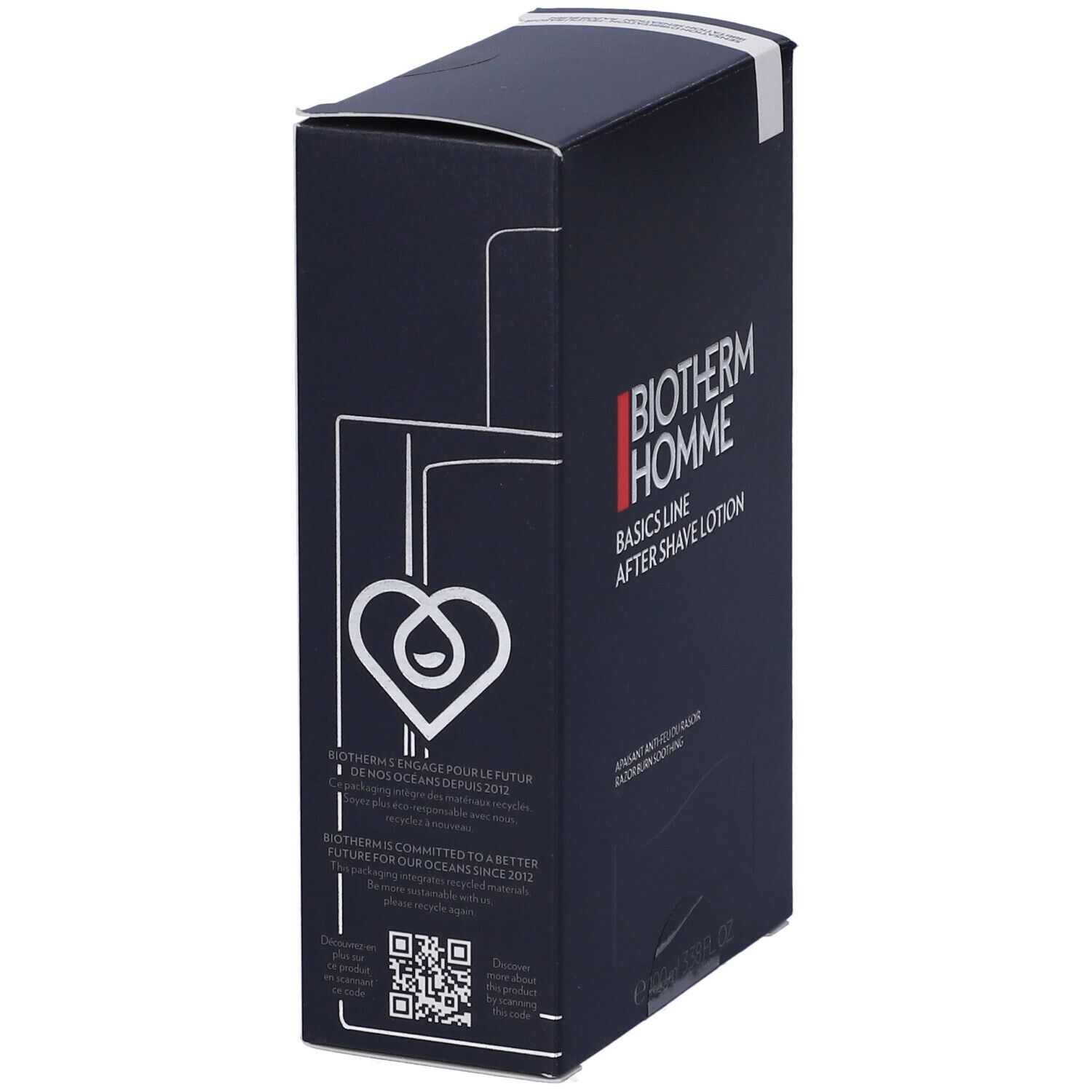 Scatola blu scuro. BIOTHERM HOMME, Basics Line After Shave Lotion. Logo cuore. Testo sugli oceani.