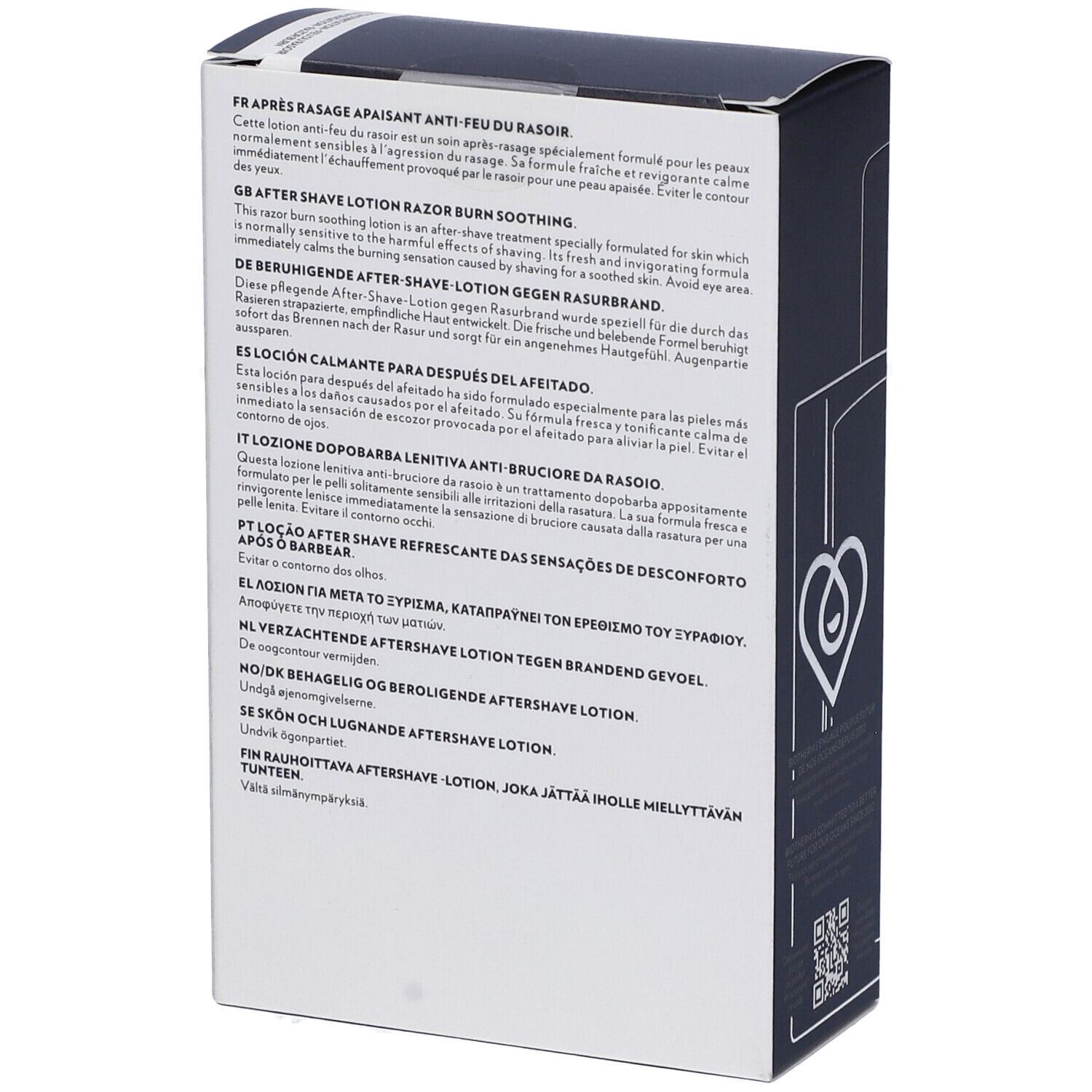 Retro della scatola. Testo multilingue: After Shave Lotion. Testo sul bruciore da rasatura.