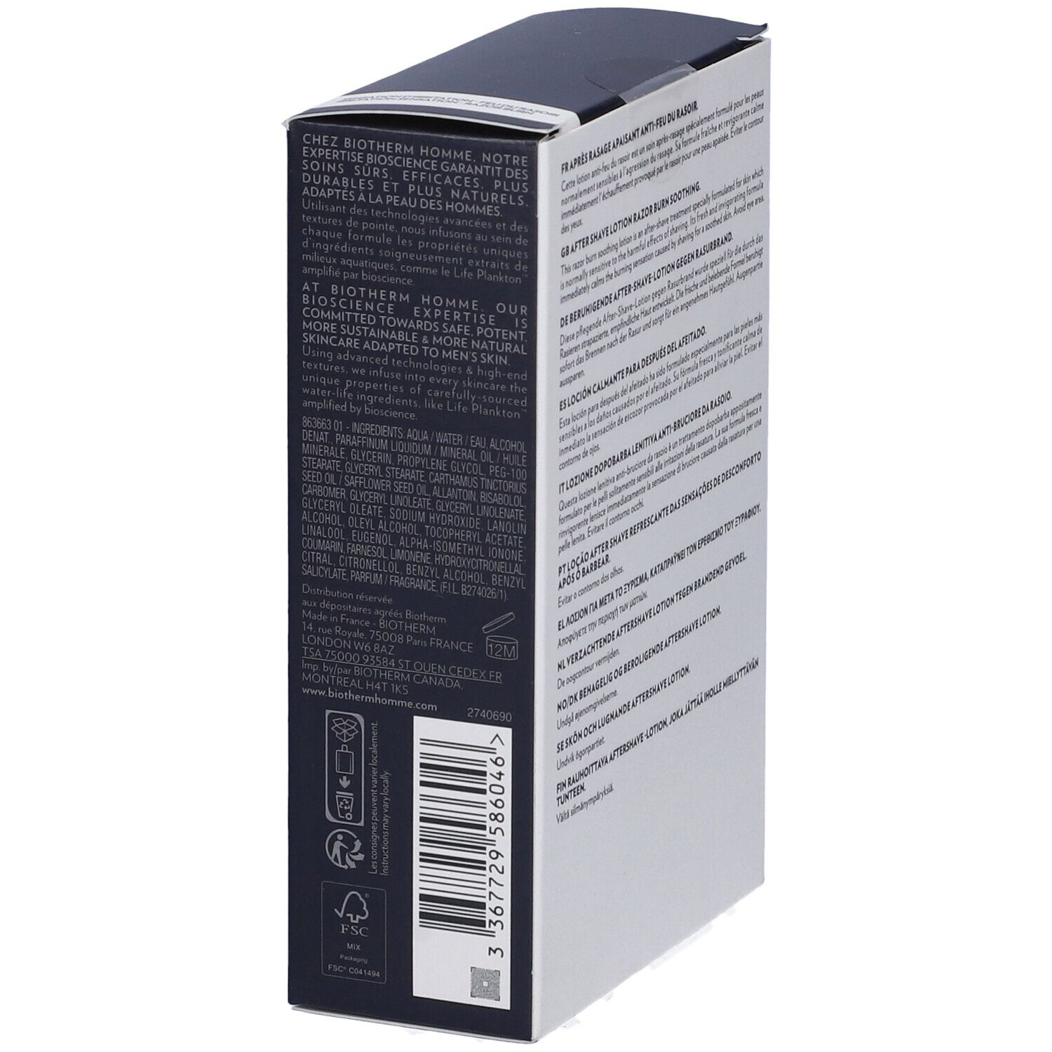 Lato della scatola. Testo: BIOTHERM HOMME. Ingredienti, informazioni produttore, simboli riciclo.