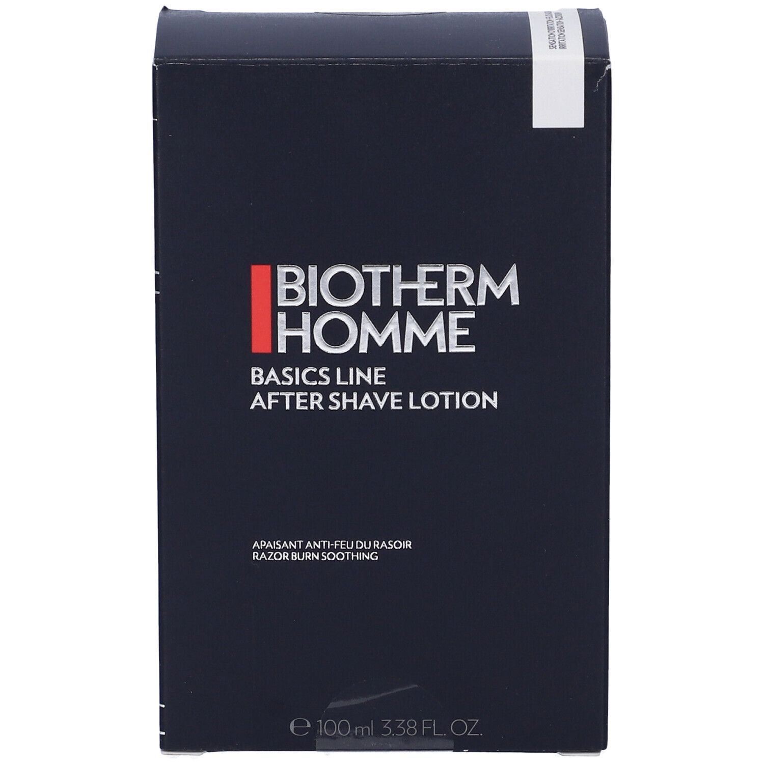 Scatola blu scuro. BIOTHERM HOMME, Basics Line After Shave Lotion. Testo: Apaisant anti-feu du rasoir.