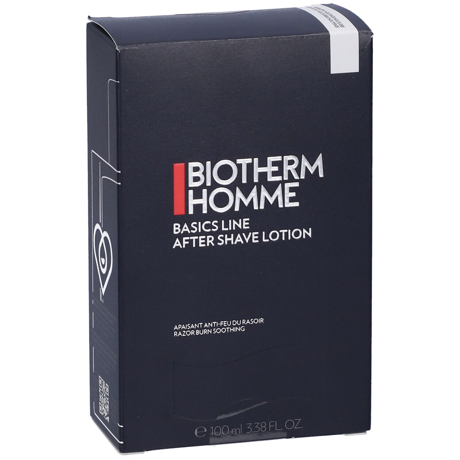 Scatola blu scuro. BIOTHERM HOMME, Basics Line After Shave Lotion. Logo cuore. Testo: Apaisant anti-feu du rasoir.