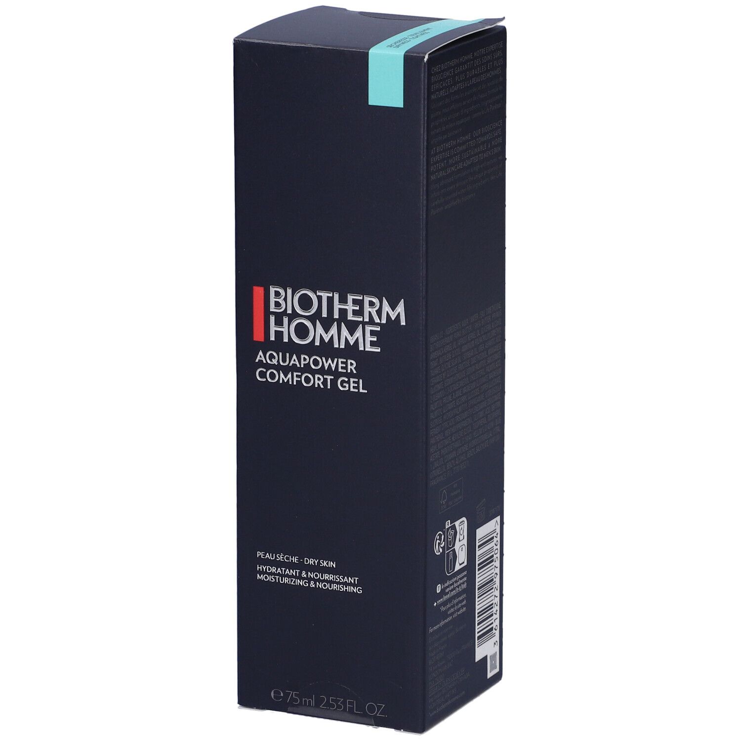 Confezione blu scuro BIOTHERM HOMME AQUAPOWER COMFORT GEL. Testo: Peau sèche - Dry skin, hydratant & nourrissant, moisturizing & nourishing. 75ml.