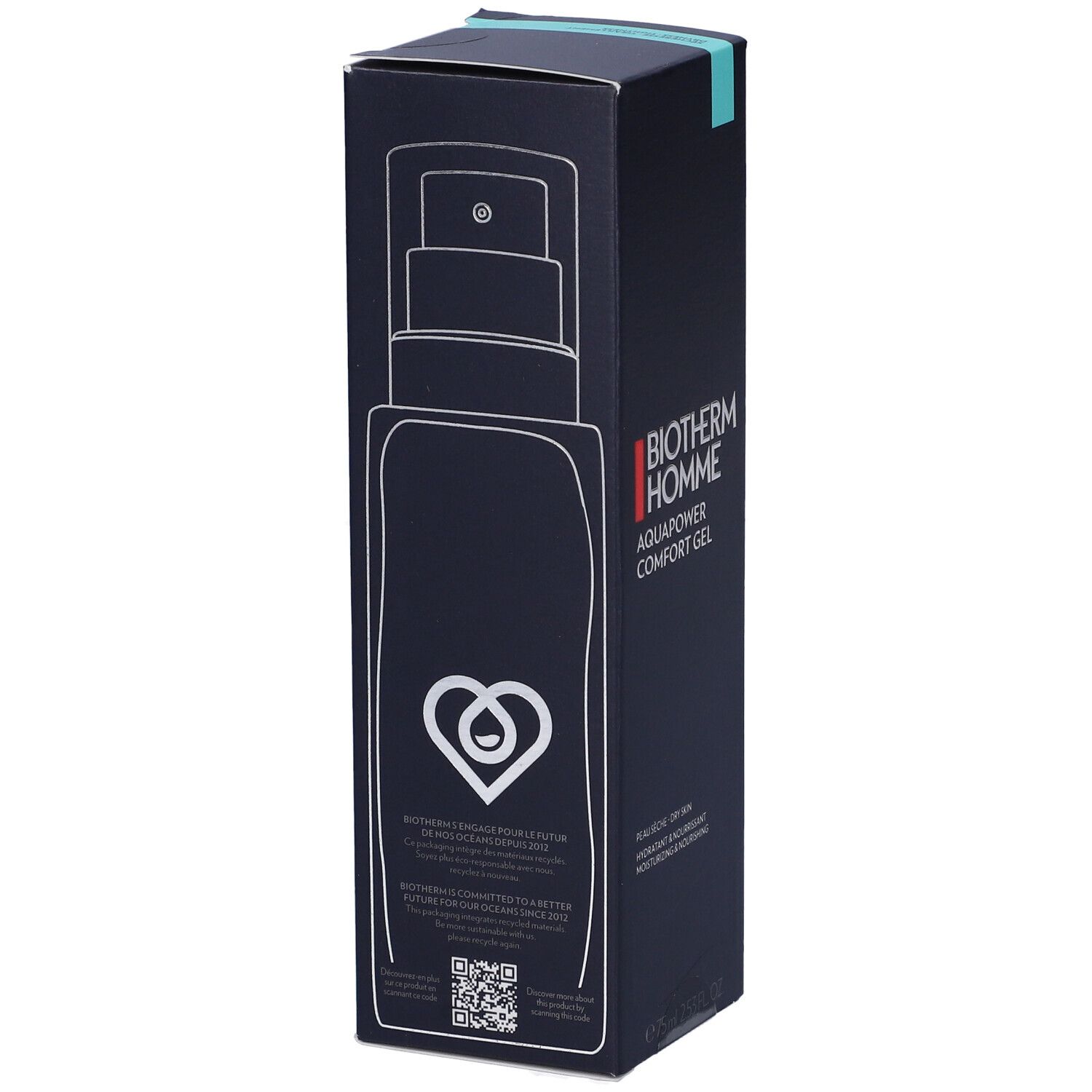 Confezione blu scuro BIOTHERM HOMME AQUAPOWER COMFORT GEL. Disegno di flacone con pompa. Logo: cuore con goccia. Codice QR.