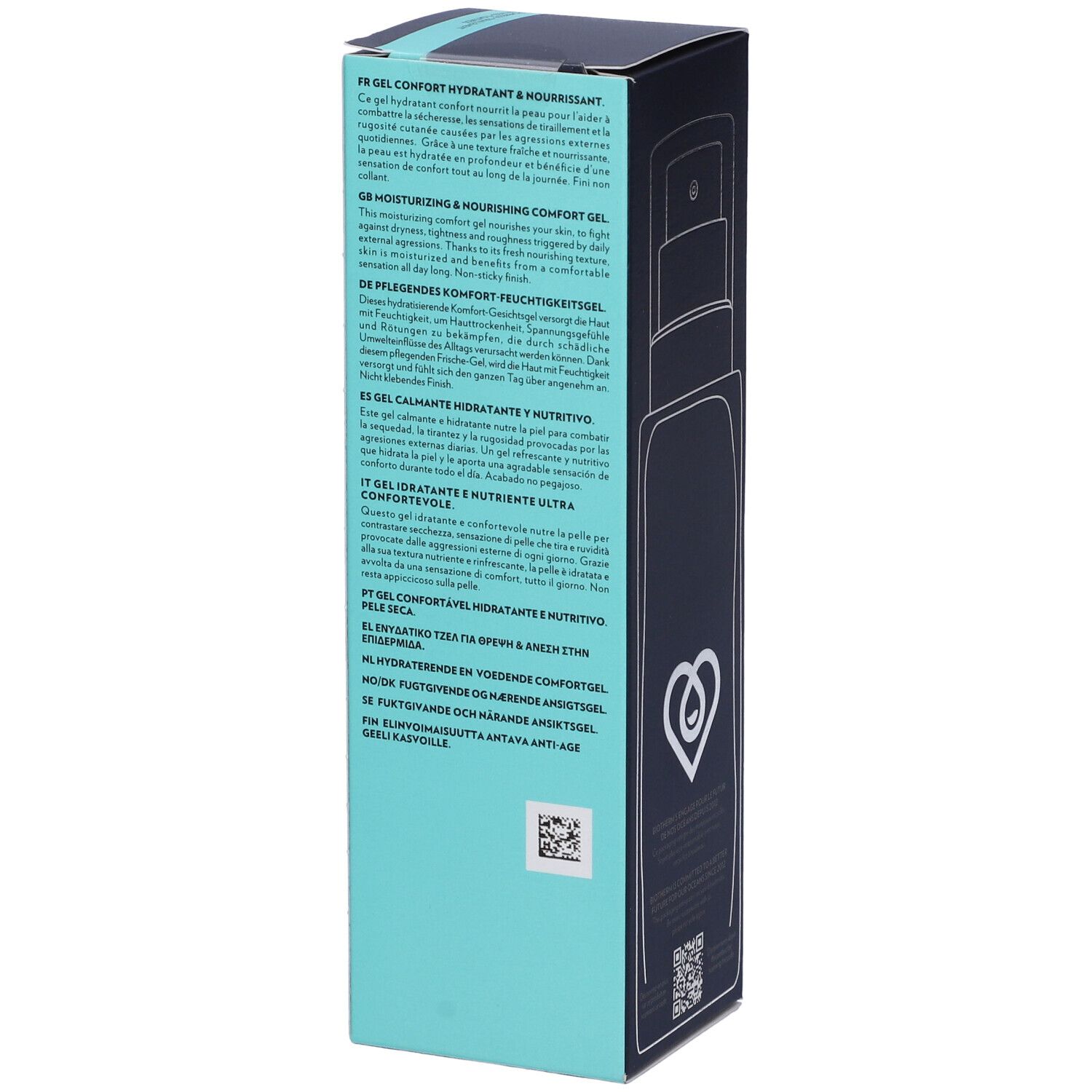 Confezione blu scuro con testo multilingue. BIOTHERM HOMME AQUAPOWER COMFORT GEL. Testo: Idratante, nutriente, lenitivo.