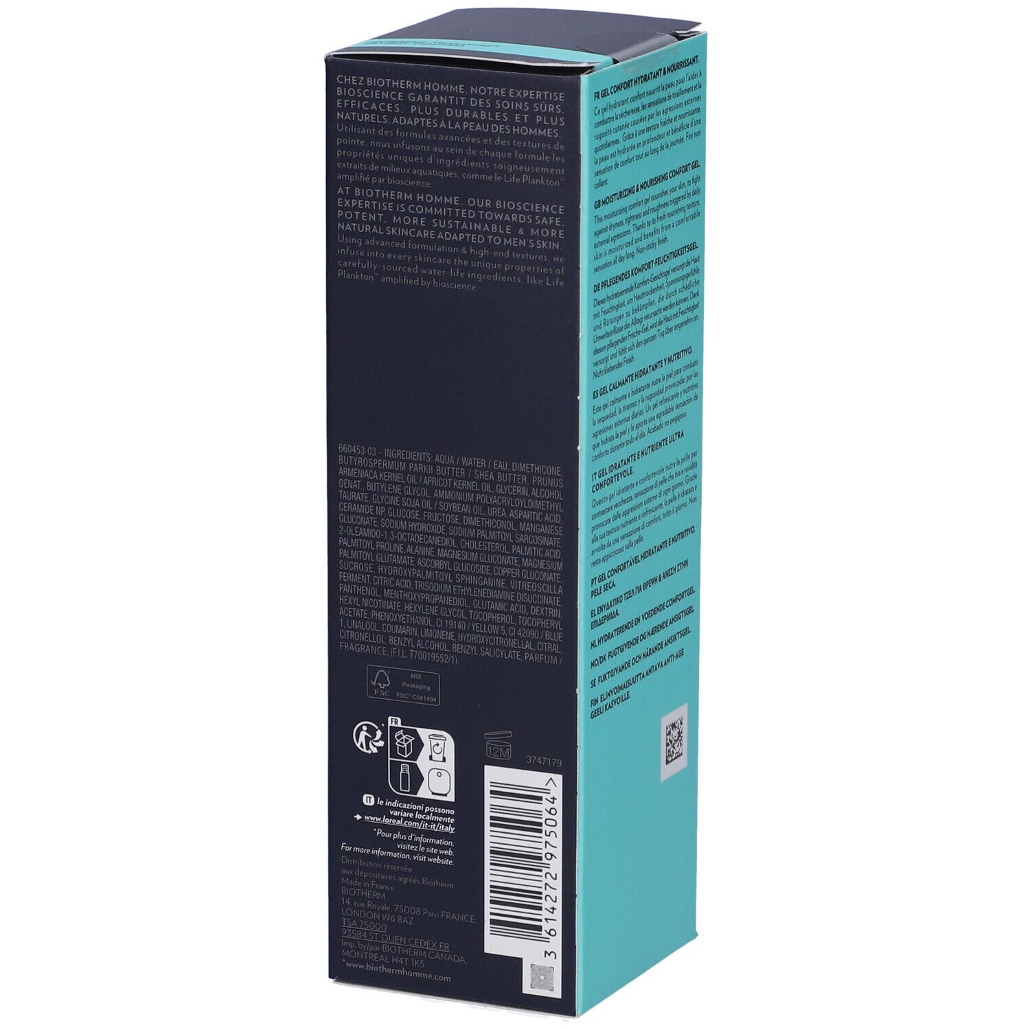 Confezione blu scuro con testo multilingue. BIOTHERM HOMME AQUAPOWER COMFORT GEL. Ingredienti, simboli di riciclaggio, codice a barre.