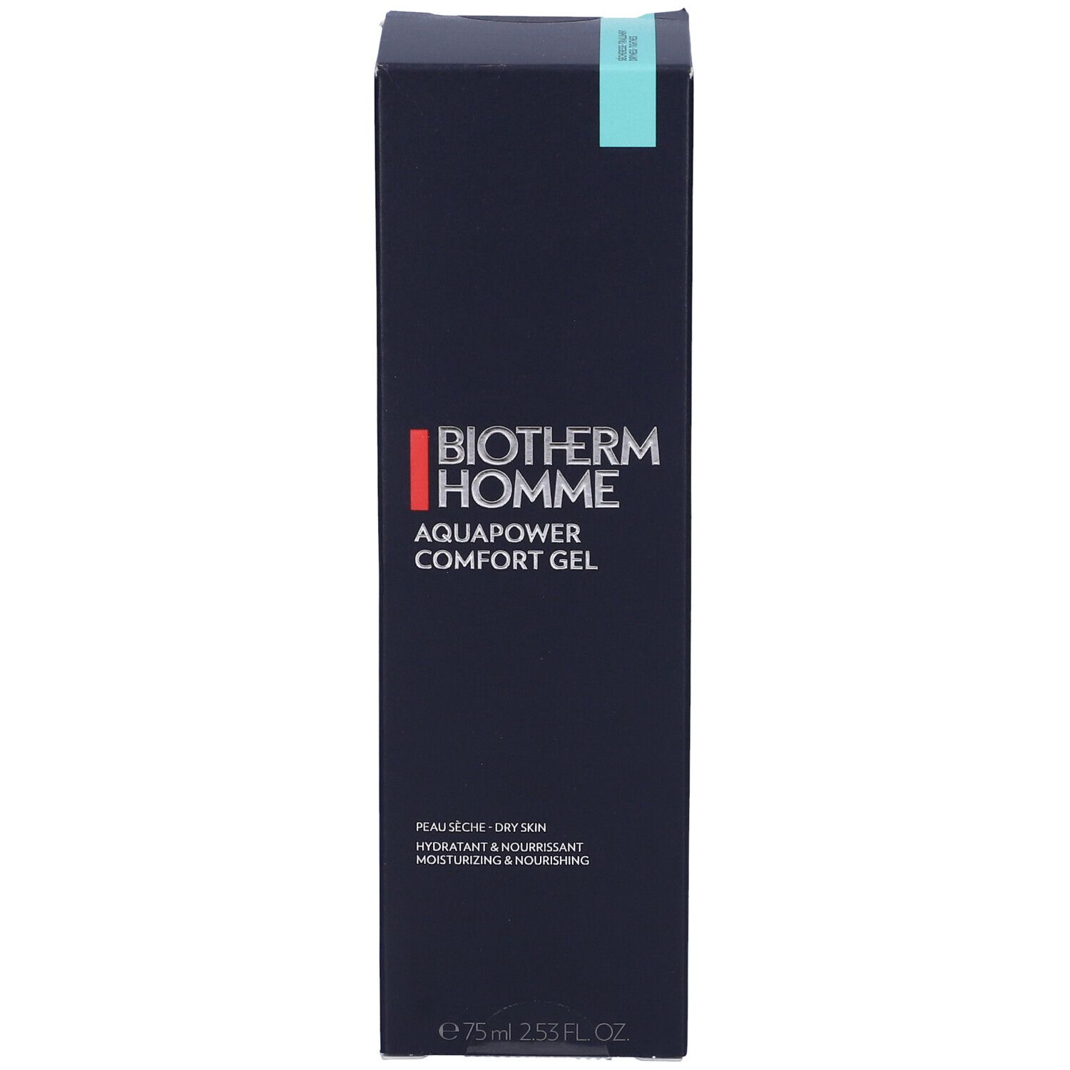 Confezione blu scuro BIOTHERM HOMME AQUAPOWER COMFORT GEL. Testo: Peau sèche - Dry skin, hydratant & nourrissant, moisturizing & nourishing. 75ml.