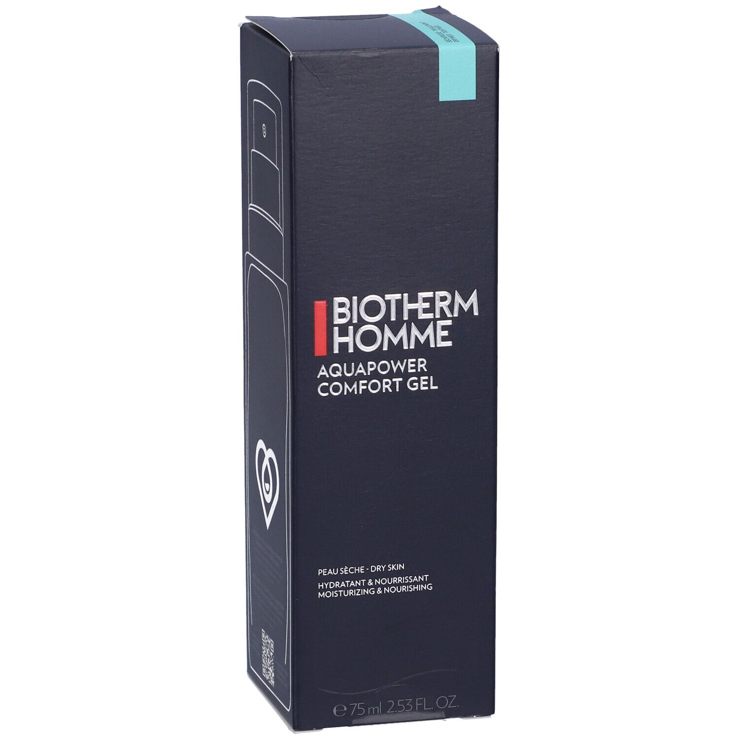 Confezione blu scuro BIOTHERM HOMME AQUAPOWER COMFORT GEL. Disegno di flacone con pompa. Logo: cuore con goccia. 75ml.