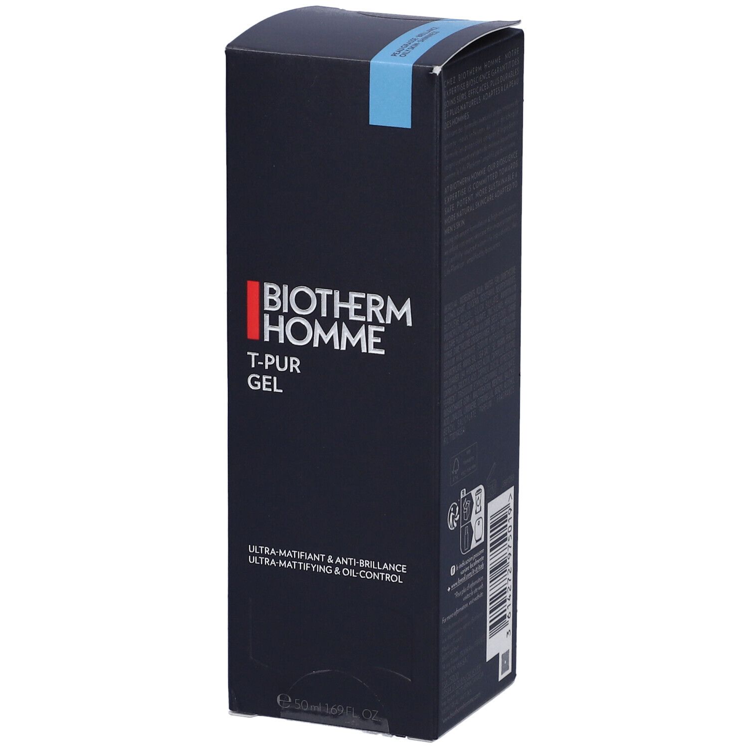 BIOTHERM Homme T-PUR Gel. Confezione nera con testo bianco. Nome del prodotto e logo visibili.
