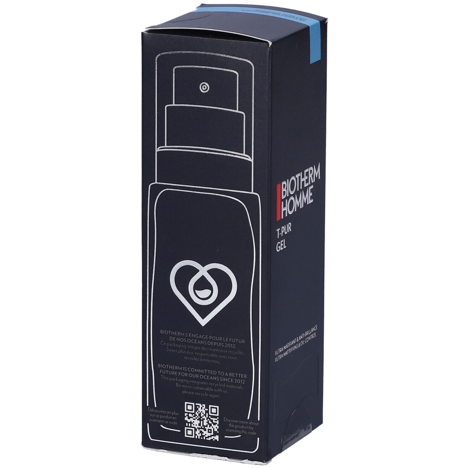 BIOTHERM Homme T-PUR Gel. Confezione nera con immagine del prodotto e logo. Codice QR e testo.