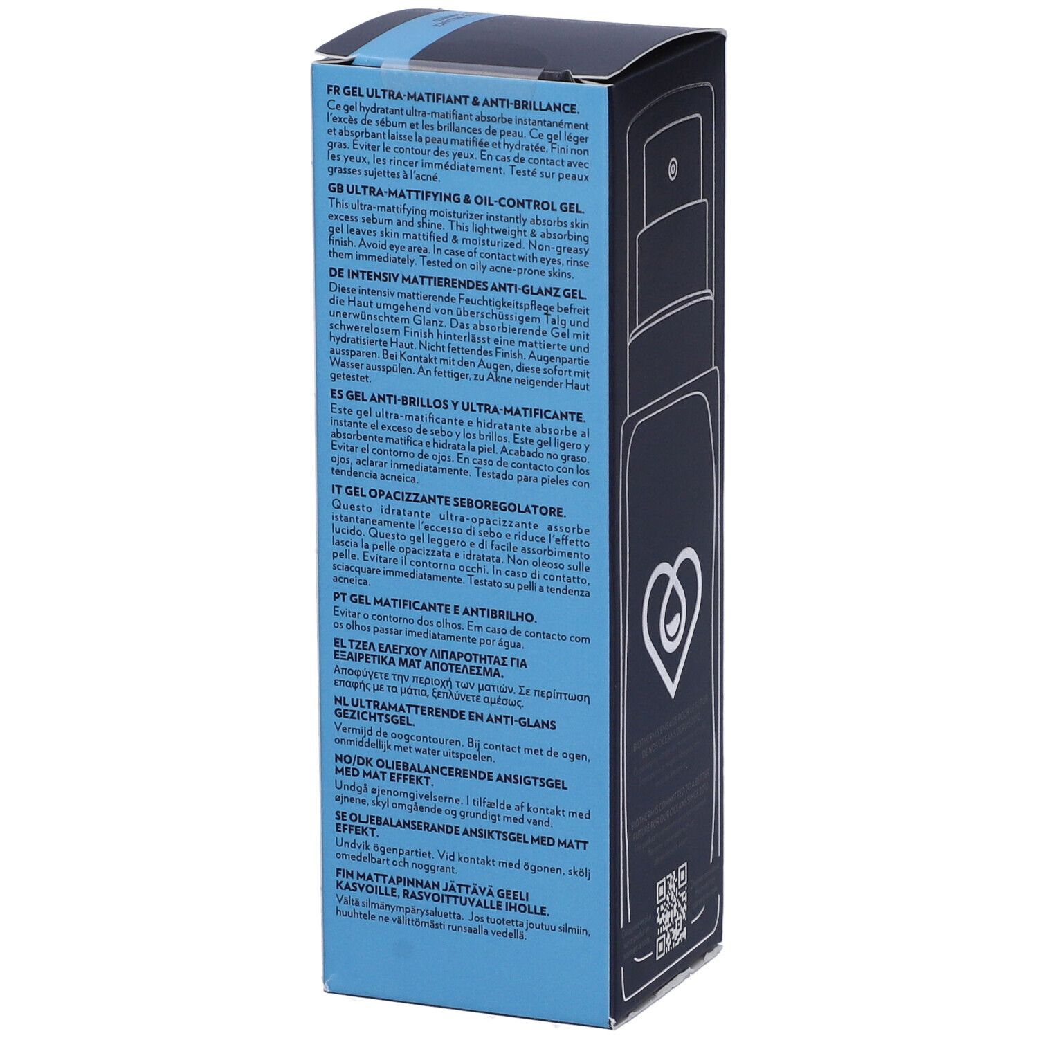 BIOTHERM Homme T-PUR Gel. Confezione nera con testo multilingue. Informazioni sul prodotto.
