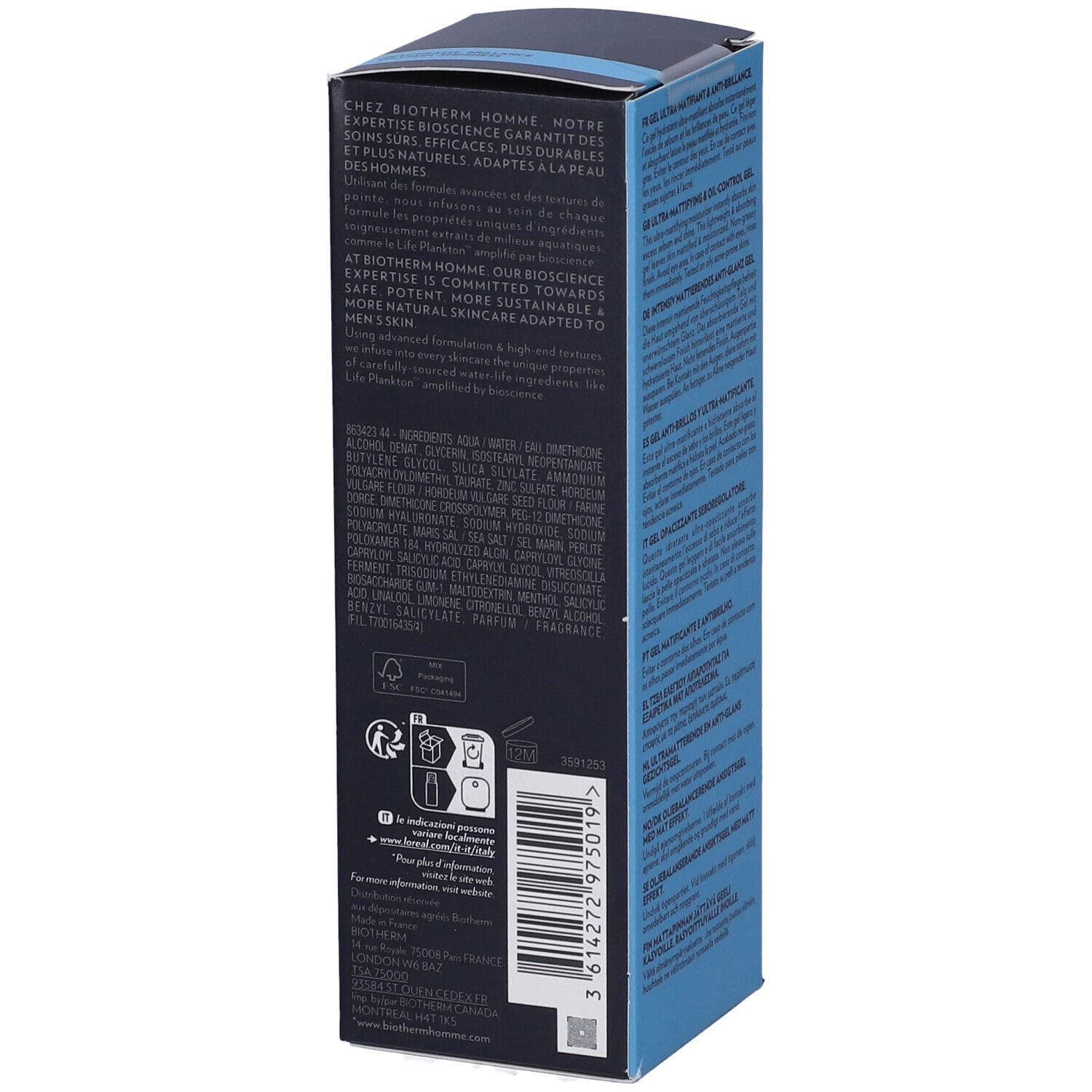BIOTHERM Homme T-PUR Gel. Confezione nera con testo. Ingredienti e informazioni del produttore.