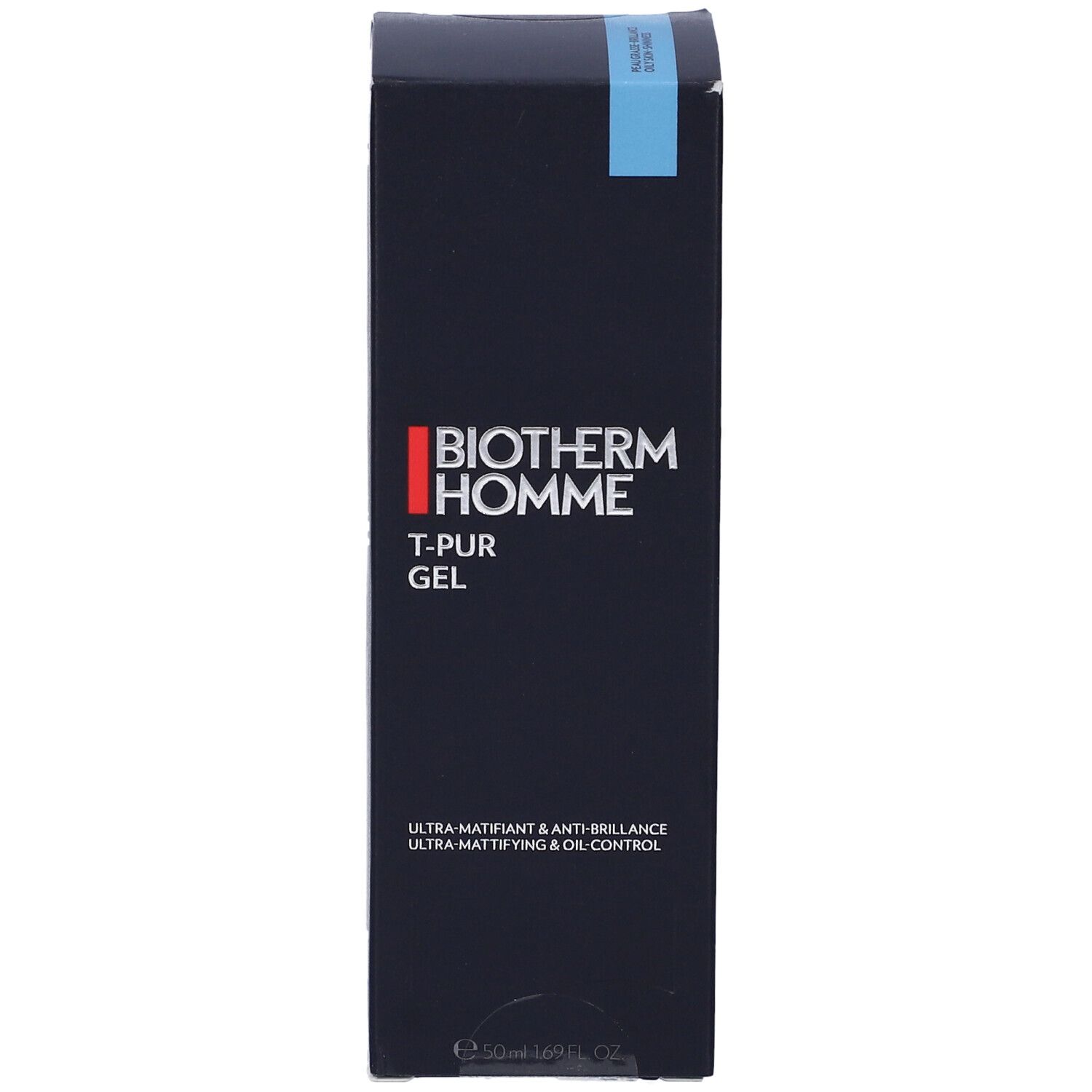 BIOTHERM Homme T-PUR Gel. Confezione nera con nome del prodotto e logo. Segno blu.
