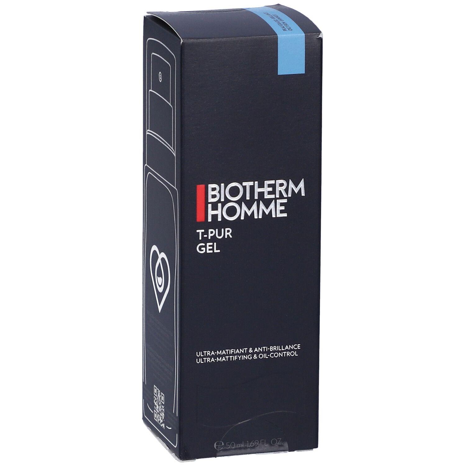 BIOTHERM Homme T-PUR Gel. Confezione nera con nome del prodotto e logo. Segno blu.