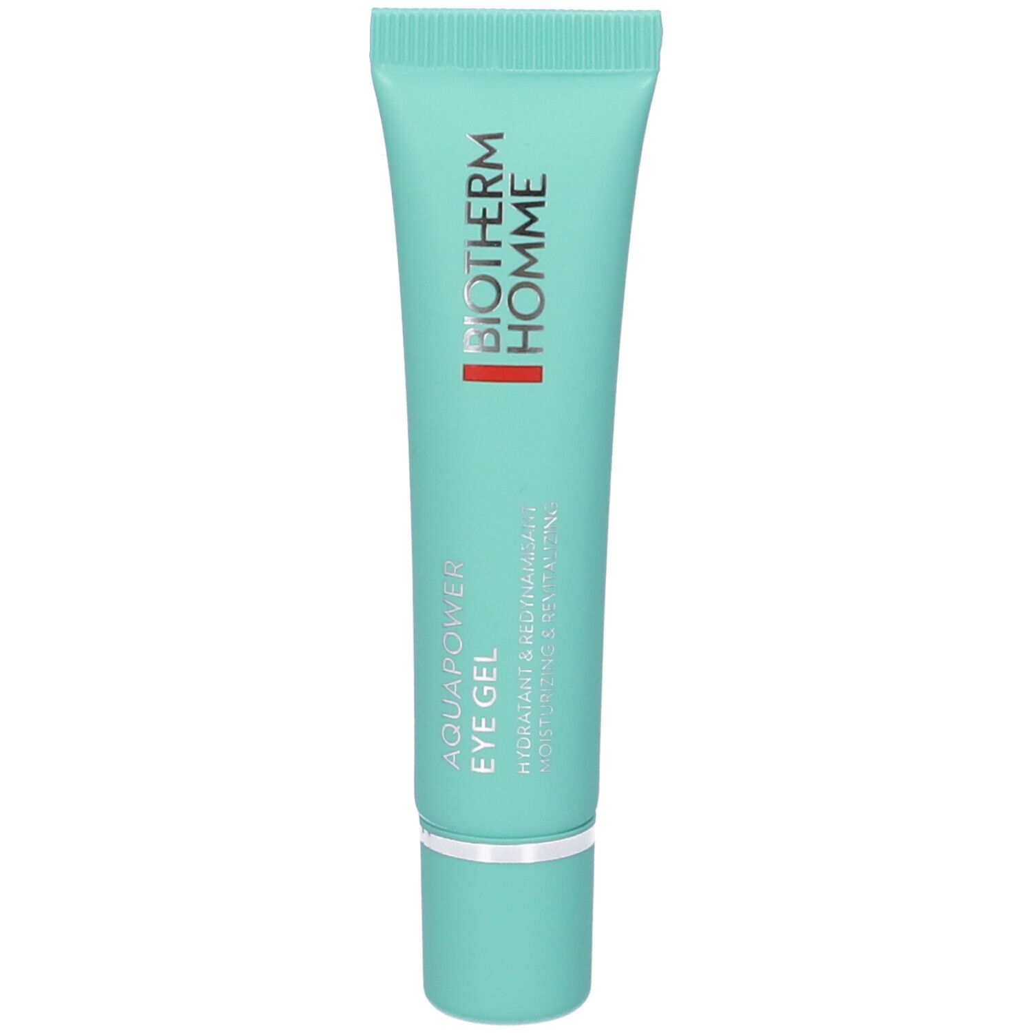 Tubo turchese BIOTHERM HOMME. Scritta AQUAPOWER EYE GEL. Tappo e base argentati.