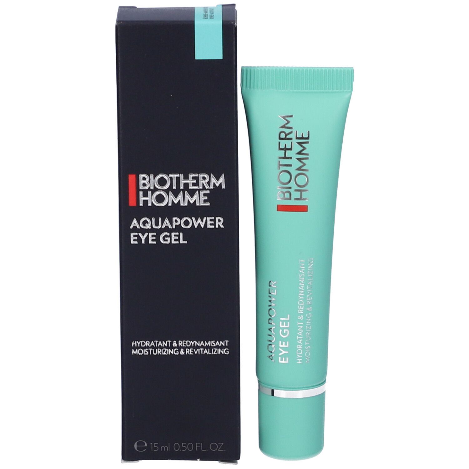 BIOTHERM HOMME Aquapower Eye Gel e confezione. Scatola nera con logo e nome del prodotto.
