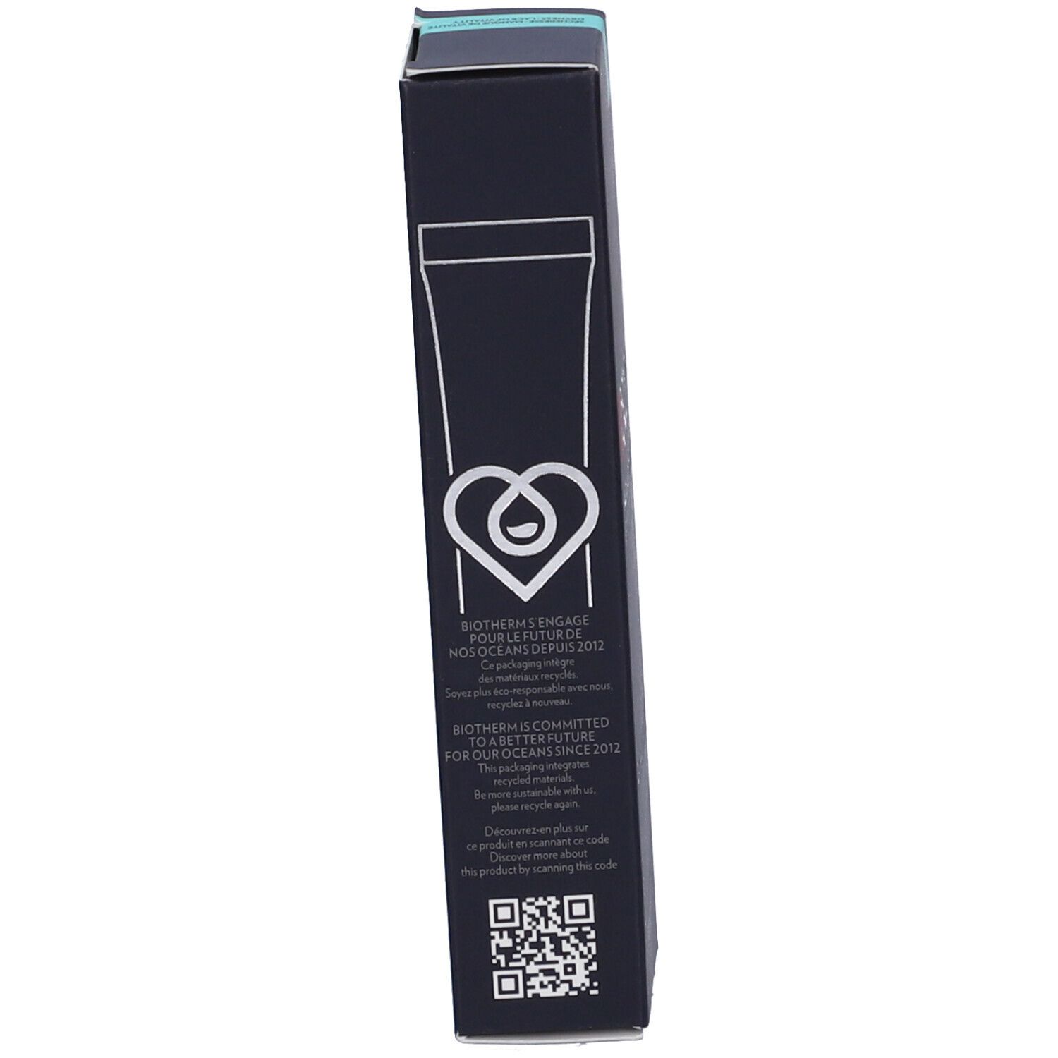 Confezione nera. Logo BIOTHERM, testo sugli oceani e la sostenibilità. Codice QR.