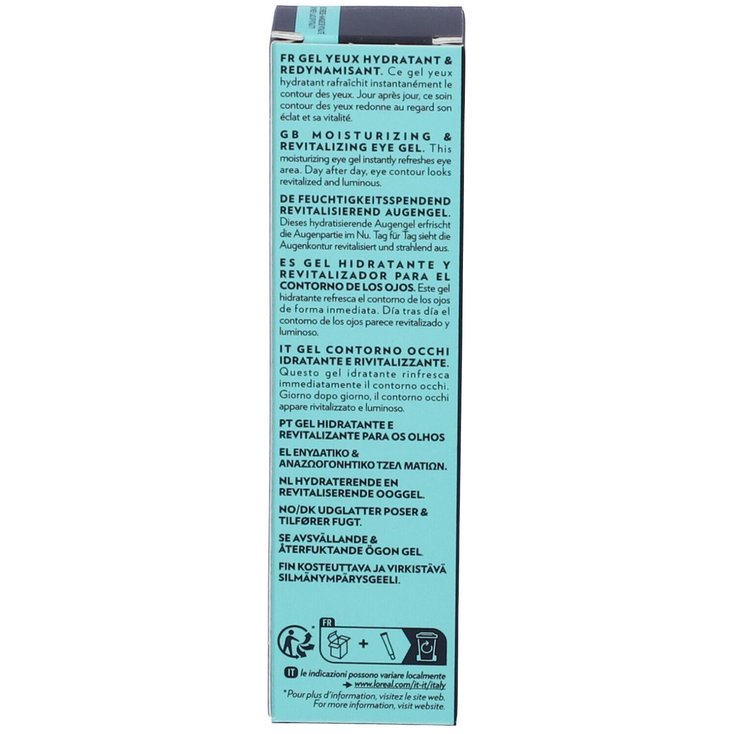 Confezione con informazioni multilingue sul prodotto. Scritta EYE GEL. Ingredienti.
