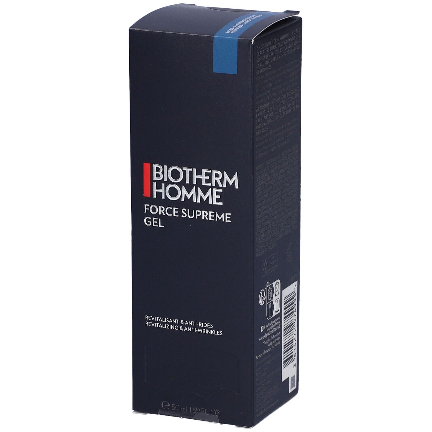 Confezione blu scuro con logo BIOTHERM HOMME e nome del prodotto. Testo: REVITALISANT & ANTI-RIDES, REVITALIZING & ANTI-WRINKLES.