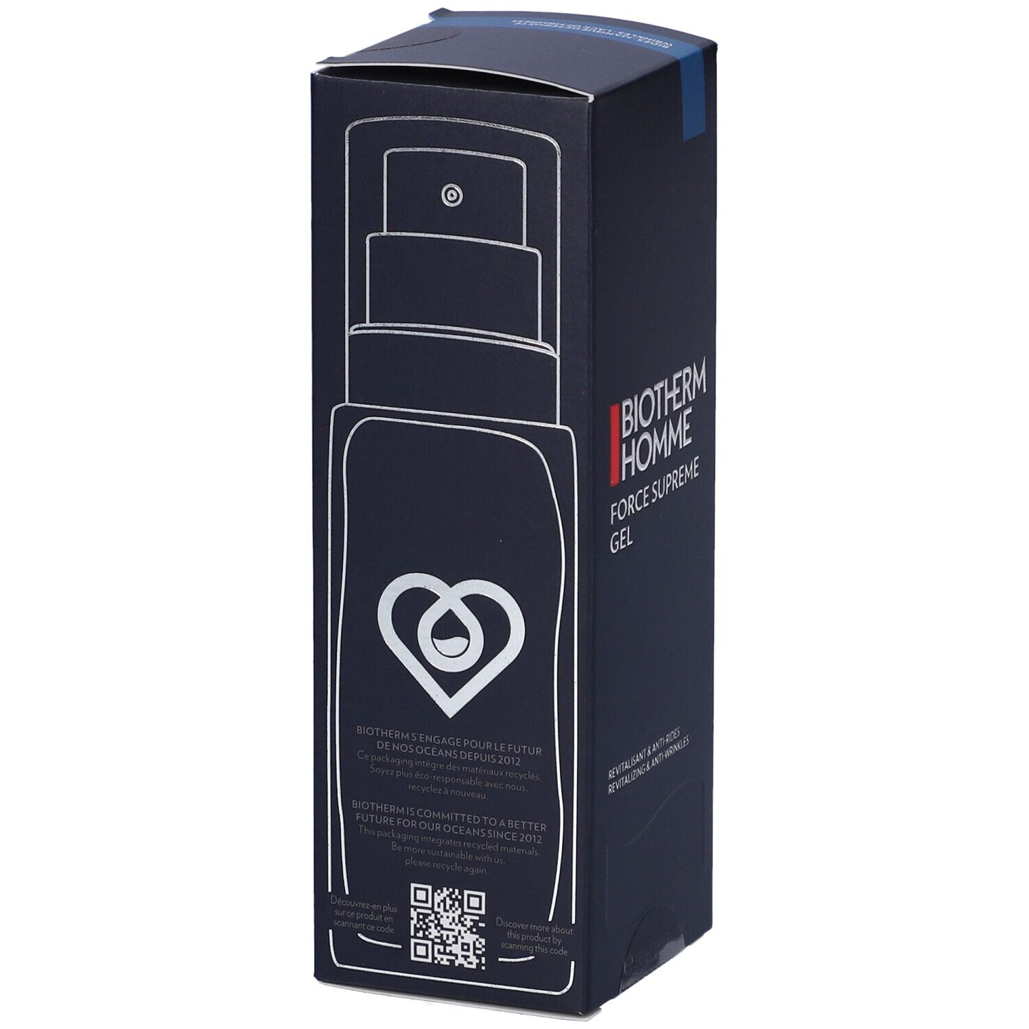 Confezione blu scuro con immagine argentata del prodotto. Logo BIOTHERM HOMME e nome del prodotto. Codice QR e testo.