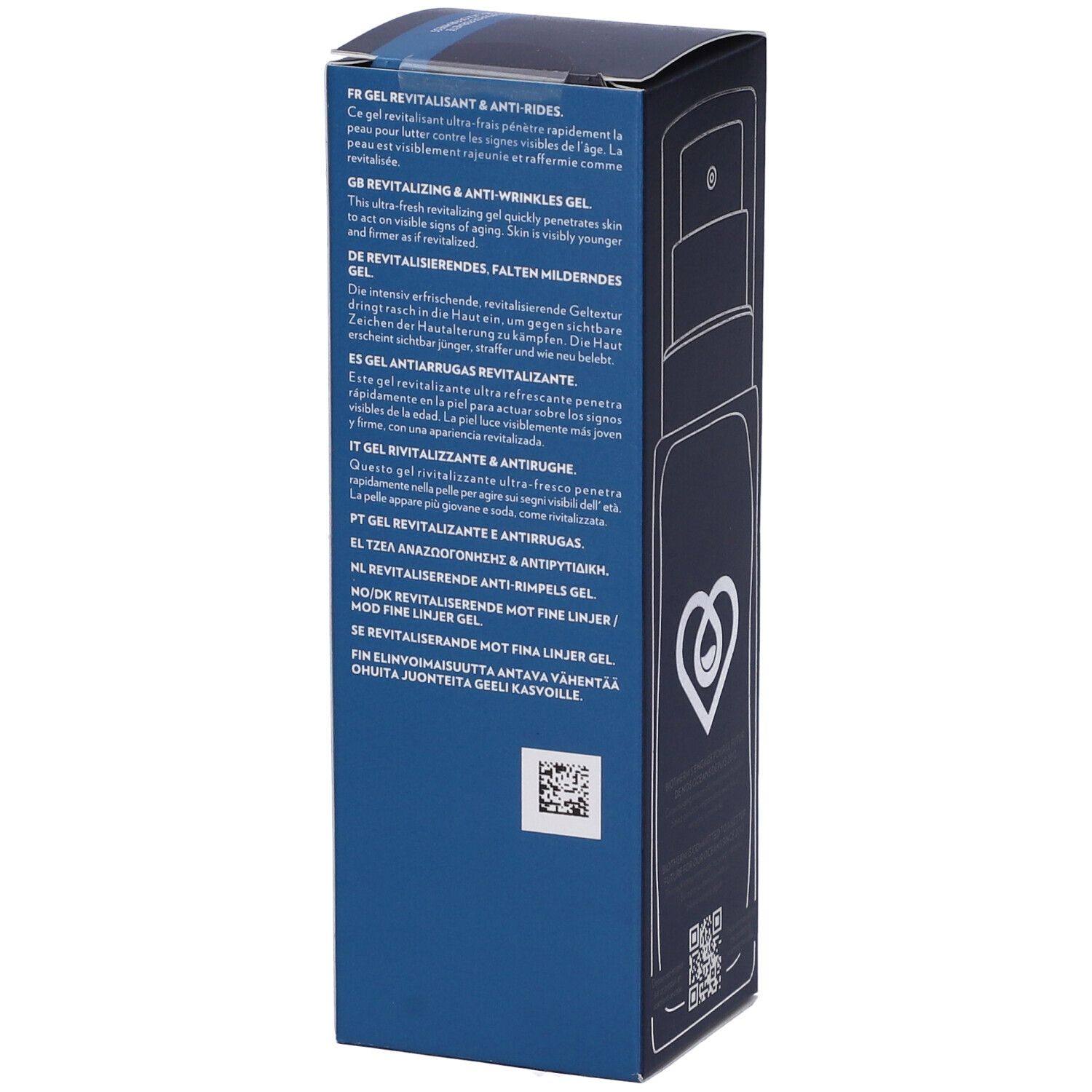 Confezione blu scuro con testo in diverse lingue. Contiene informazioni sul prodotto e codice QR.