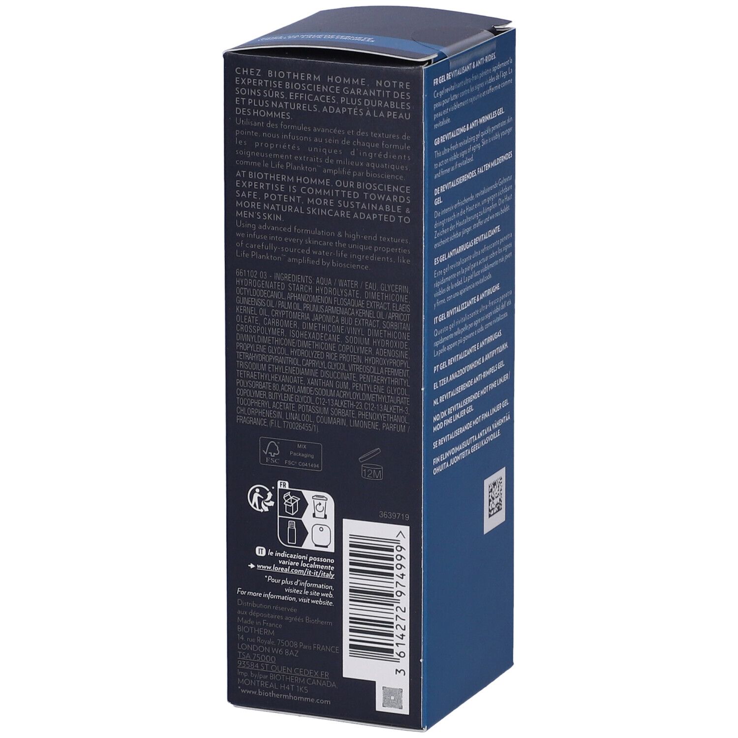 Confezione blu scuro con testo. Contiene informazioni sul prodotto, loghi e codice QR.
