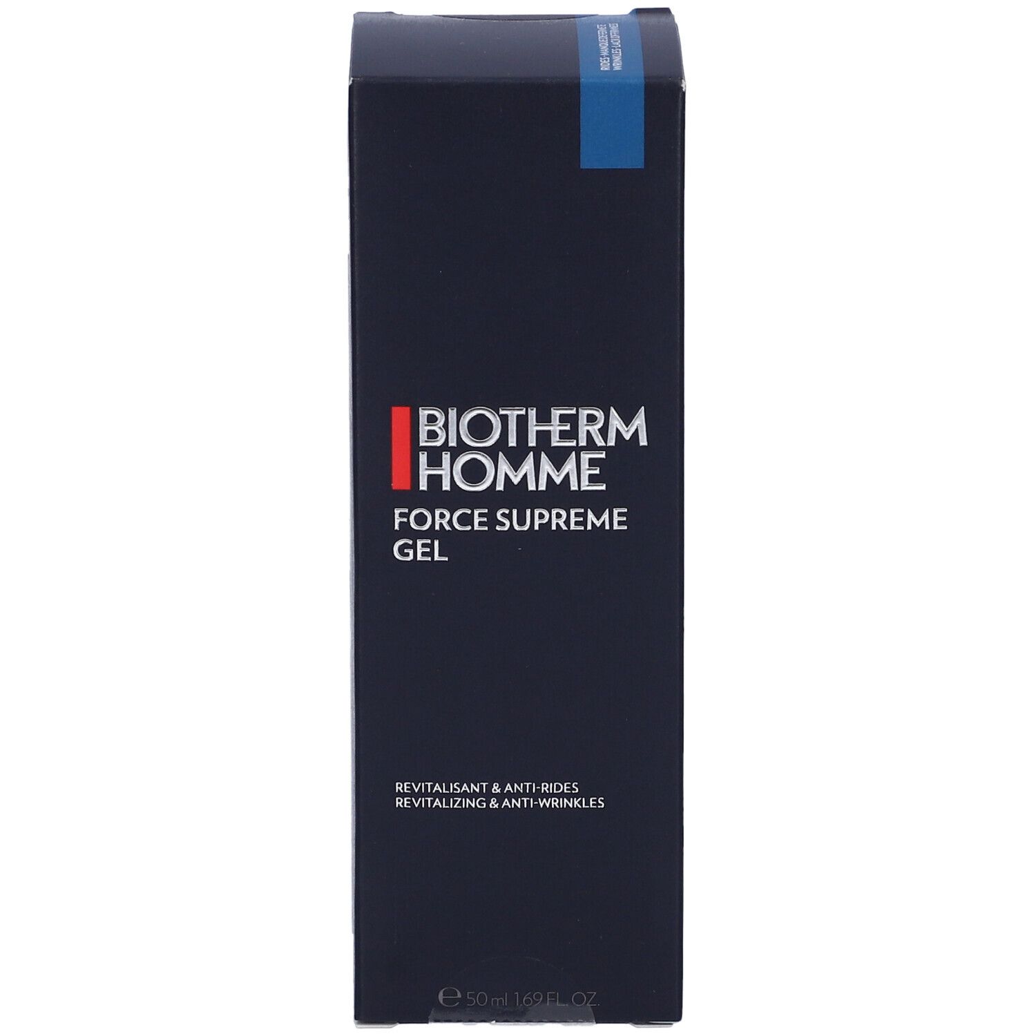 Confezione blu scuro con logo BIOTHERM HOMME e nome del prodotto. Testo: REVITALISANT & ANTI-RIDES, REVITALIZING & ANTI-WRINKLES.