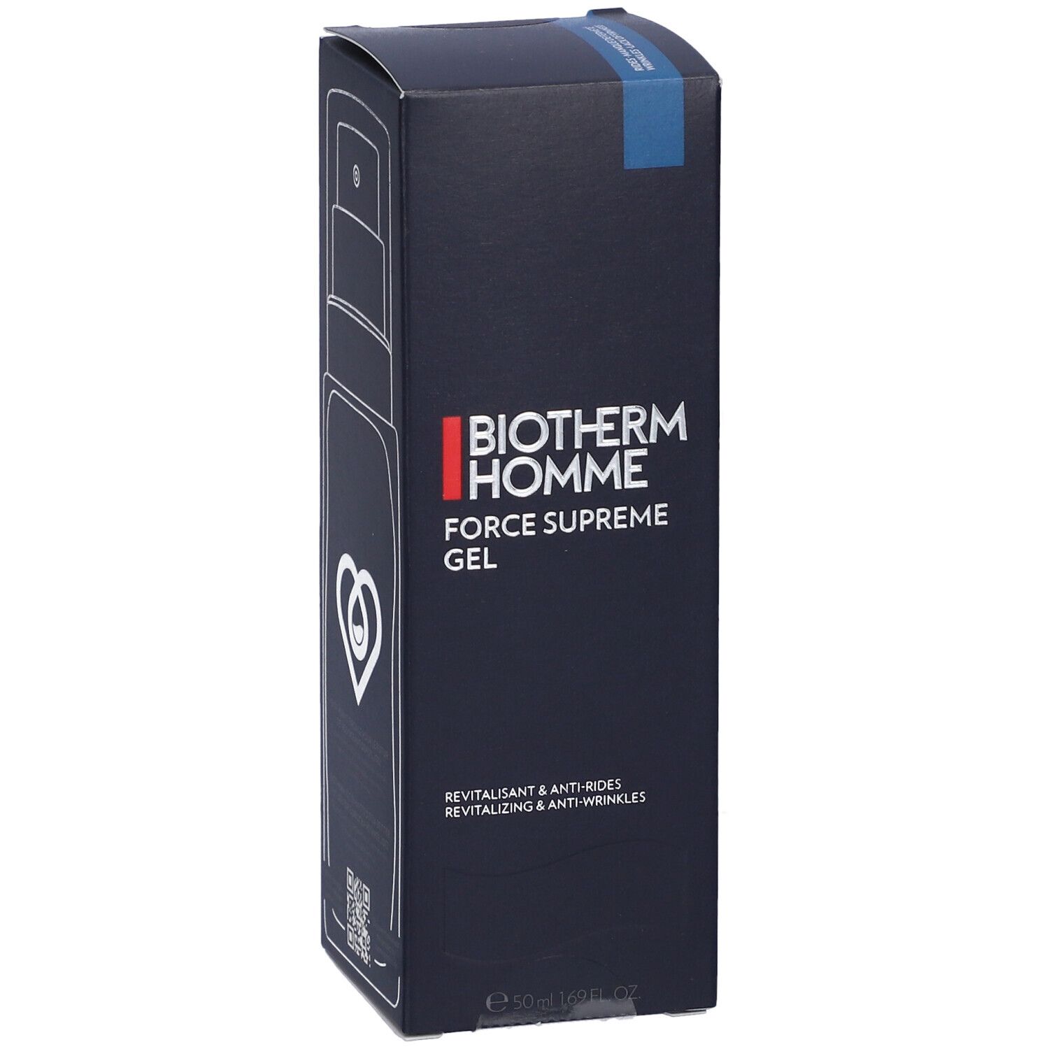Confezione blu scuro con immagine argentata del prodotto. Logo BIOTHERM HOMME e nome del prodotto. Codice QR.