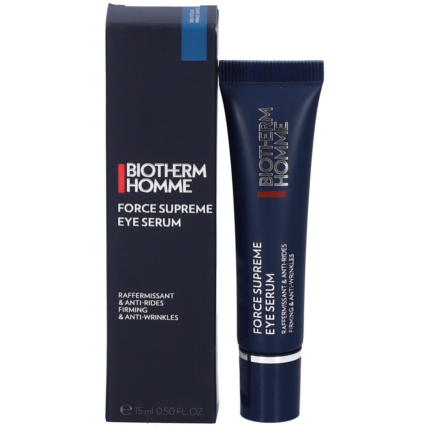 Confezione del prodotto con tubo. Scatola nera con tubo. Scritta: BIOTHERM HOMME, FORCE SUPREME EYE SERUM. Testo: Rasserfissant & Anti-Rides, Firming & Anti-Wrinkles.