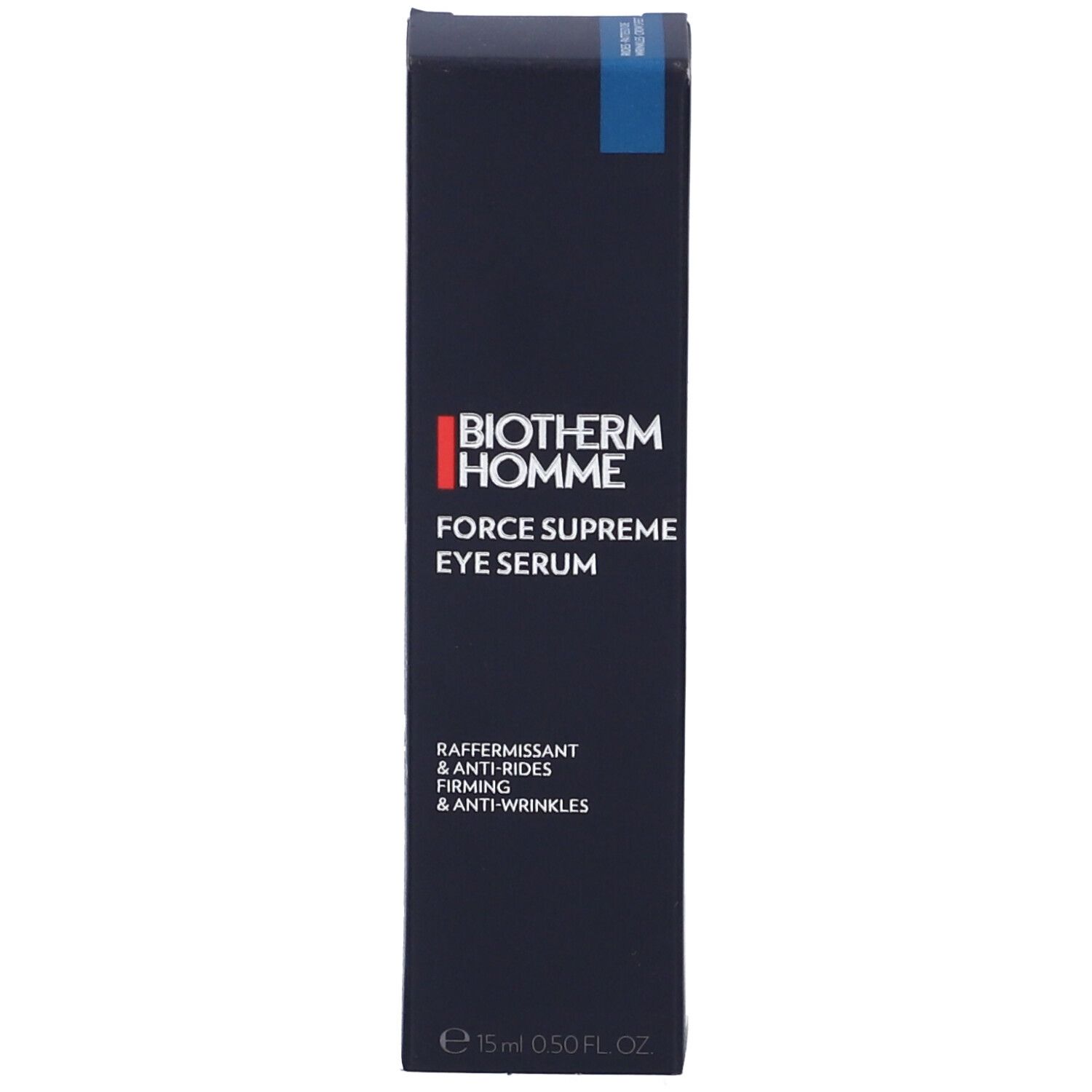 Confezione del prodotto nera. Scritta: BIOTHERM HOMME, FORCE SUPREME EYE SERUM. Testo: Rasserfissant & Anti-Rides, Firming & Anti-Wrinkles. 15 ml 0.50 FL. OZ.