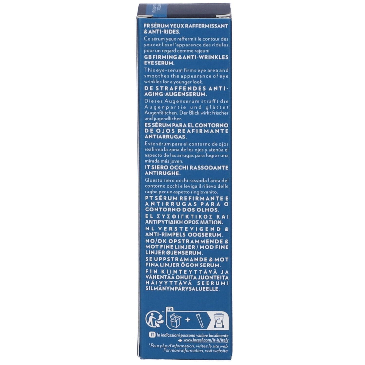 Lato della confezione del prodotto. Testo multilingue: Siero occhi, rassodante e anti-rughe. Codice QR e informazioni sul produttore.