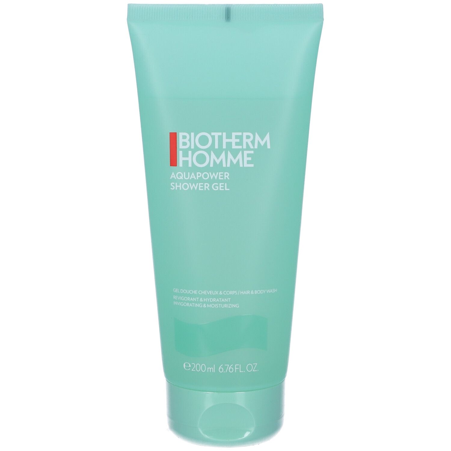 Tubo turchese con logo BIOTHERM HOMME rosso. Scritta AQUAPOWER SHOWER GEL. Testo bianco sul tubo.